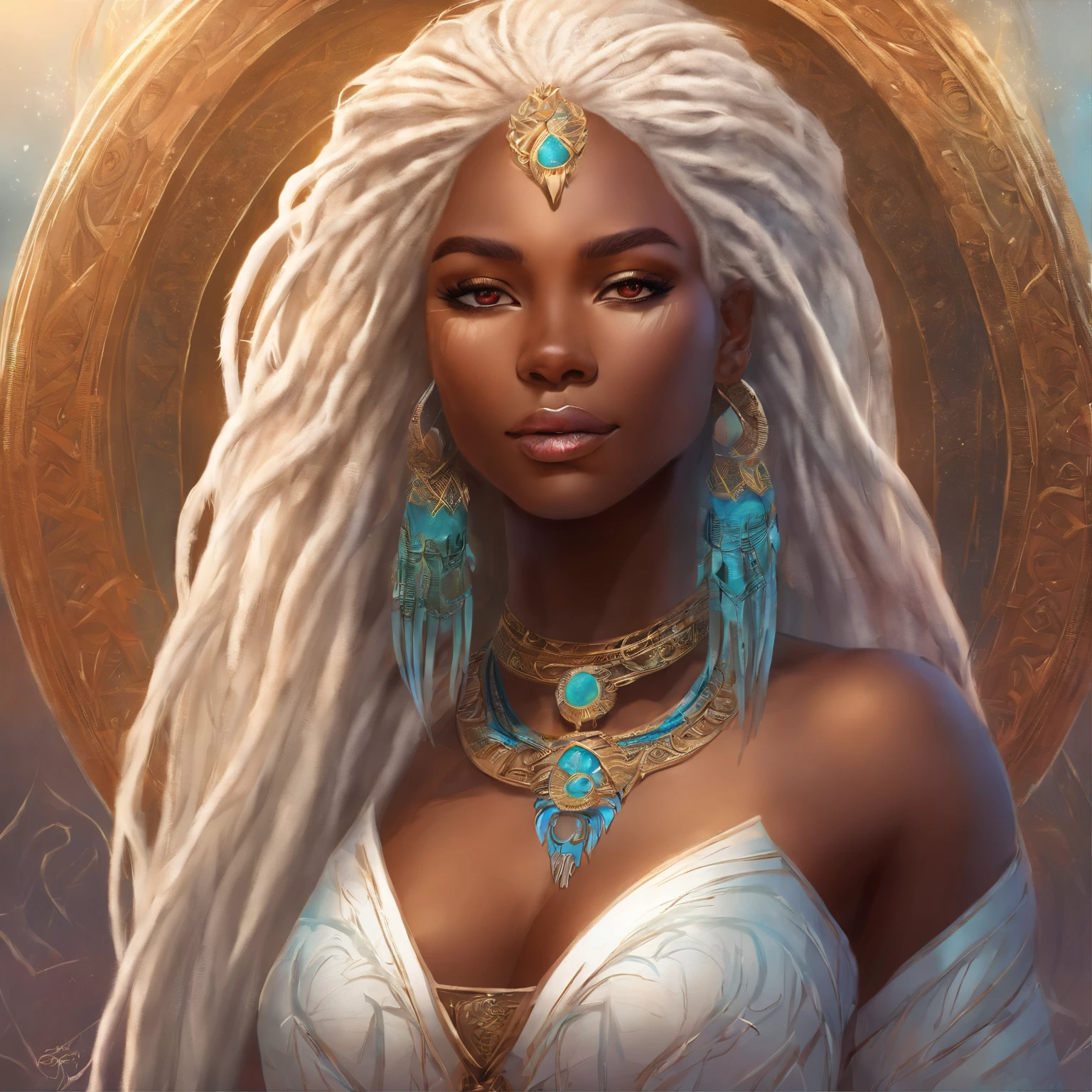 "(best quality,ultra-detailed),Ebony skin,Ebony skinned female:1.1,beautiful detailed eyes,beautiful detailed lips,white dreadlocks,thicc,tribal warrior outfit,not too strong looking,confident posture,exotic background,sharp focus,vivid colors" white dreadlocks, white hair, white dreadlocks