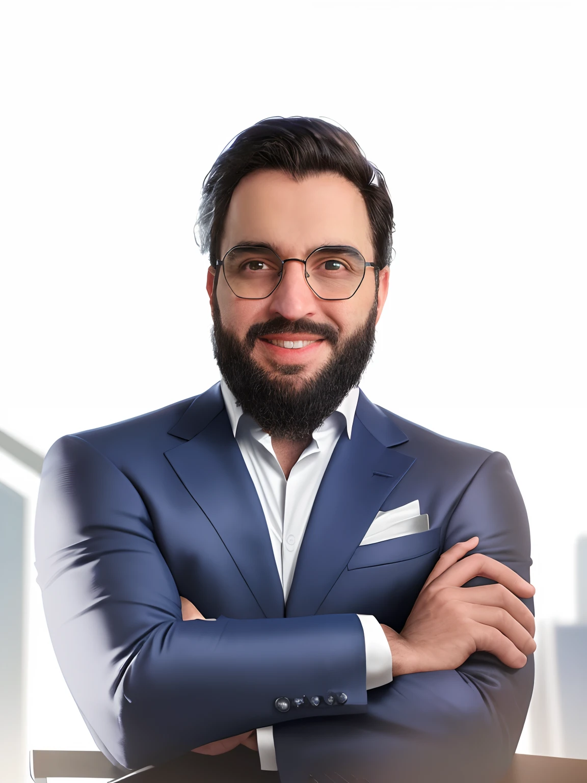 Business Executive Man, arms crossed, usando blazer azul, Business Photo Setting for Professional Profile Posting, good resolution, com fundo desfocado. Imagem ultra realista, 8k, full hd.