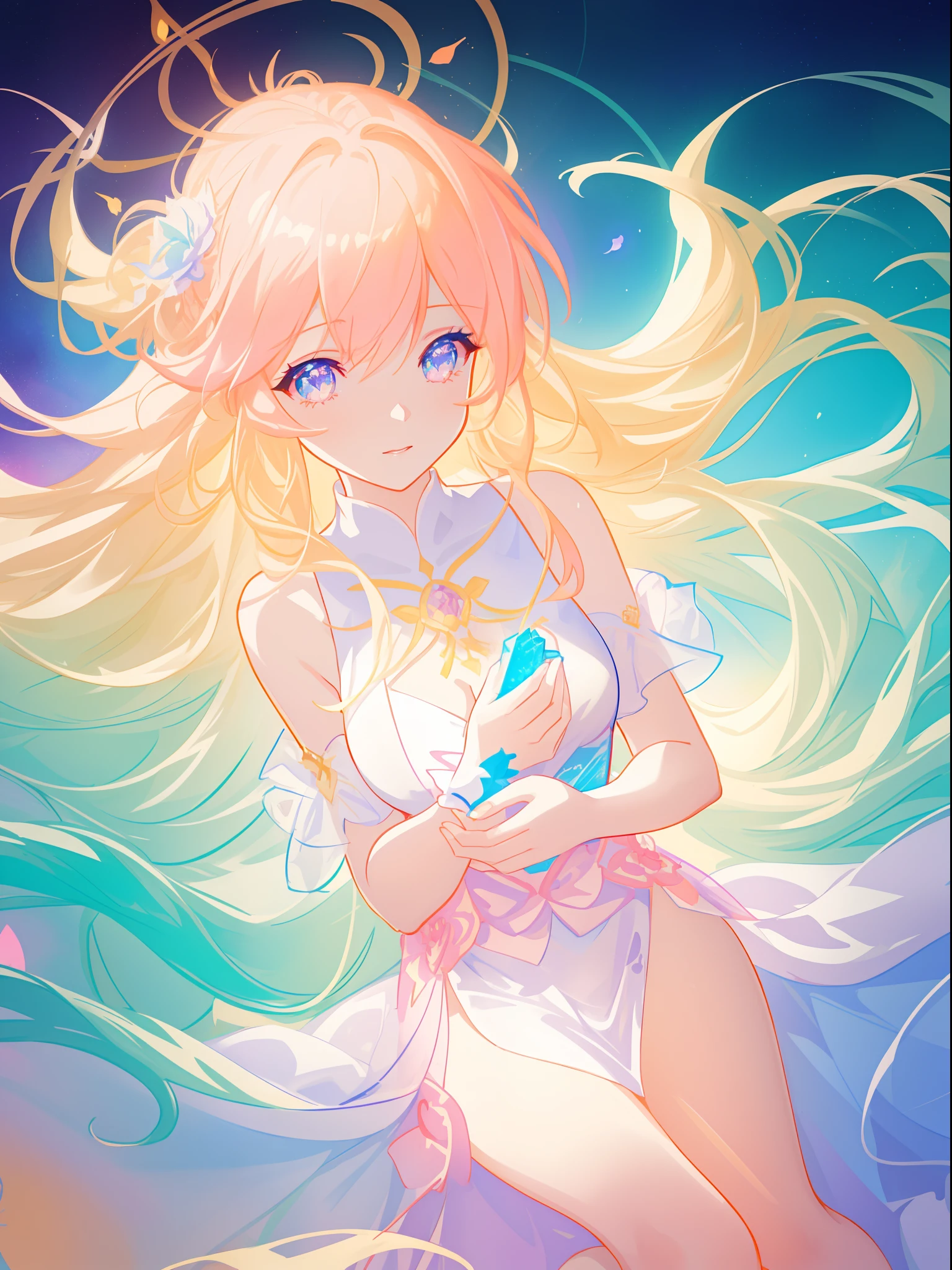 beautiful girl, flowing white gown, vibrant pastel colors, (colorful), magical lights, long flowing golden hair, inspired by Glen Keane, inspired by Lois van Baarle, disney art style, by Lois van Baarle, glowing aura around her, by Glen Keane, jen bartel, glowing lights! digital painting, flowing glowing hair, glowing flowing hair, beautiful digital illustration, fantasia background, whimsical, magical, fantasy, beautiful face, ((masterpiece, best quality)), intricate details, highly detailed, sharp focus, 8k resolution, sparkling detailed eyes, liquid watercolor