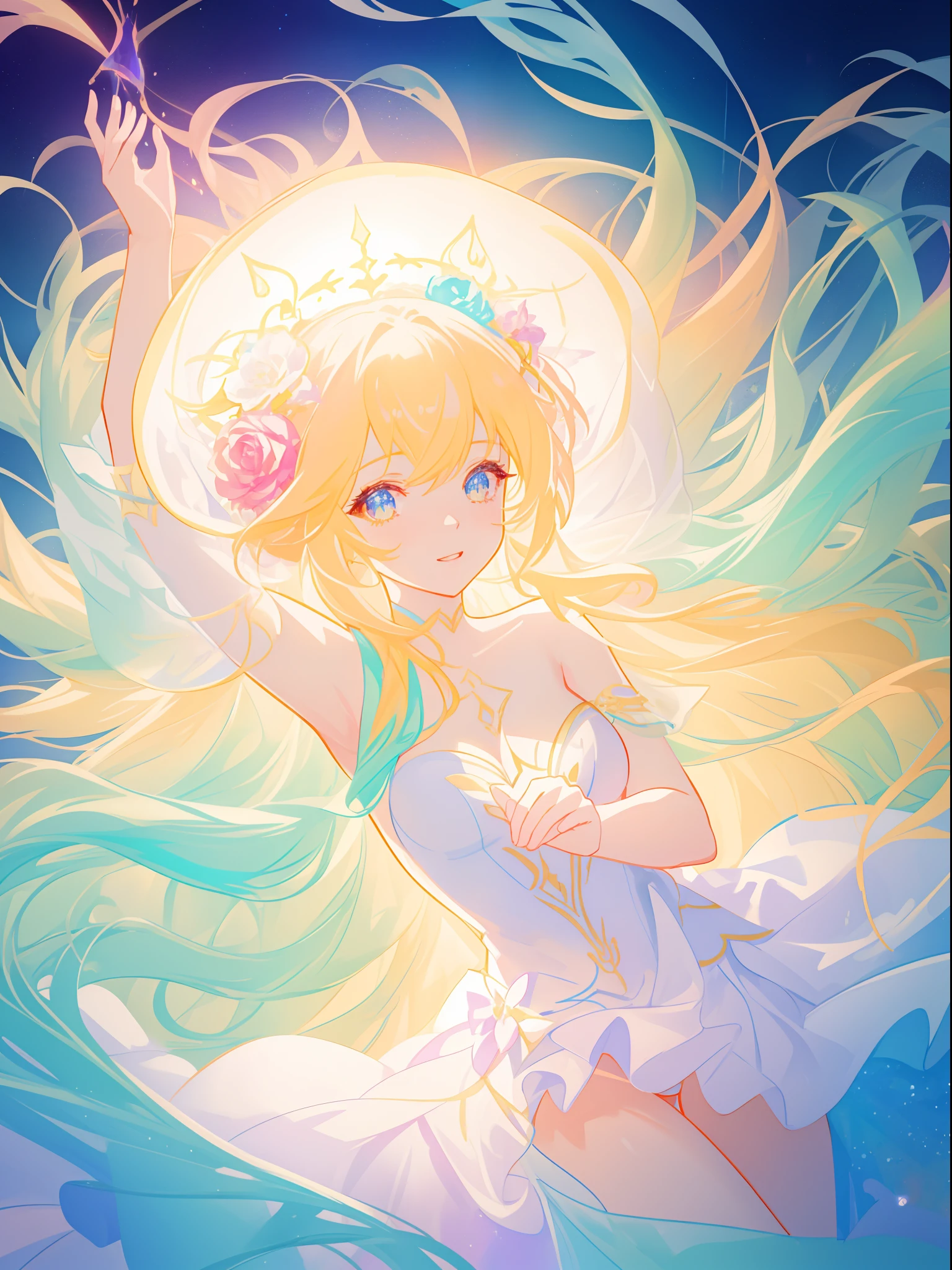 beautiful girl, flowing white gown, vibrant pastel colors, (colorful), magical lights, long flowing golden hair, inspired by Glen Keane, inspired by Lois van Baarle, disney art style, by Lois van Baarle, glowing aura around her, by Glen Keane, jen bartel, glowing lights! digital painting, flowing glowing hair, glowing flowing hair, beautiful digital illustration, fantasia background, whimsical, magical, fantasy, beautiful face, ((masterpiece, best quality)), intricate details, highly detailed, sharp focus, 8k resolution, sparkling detailed eyes, liquid watercolor