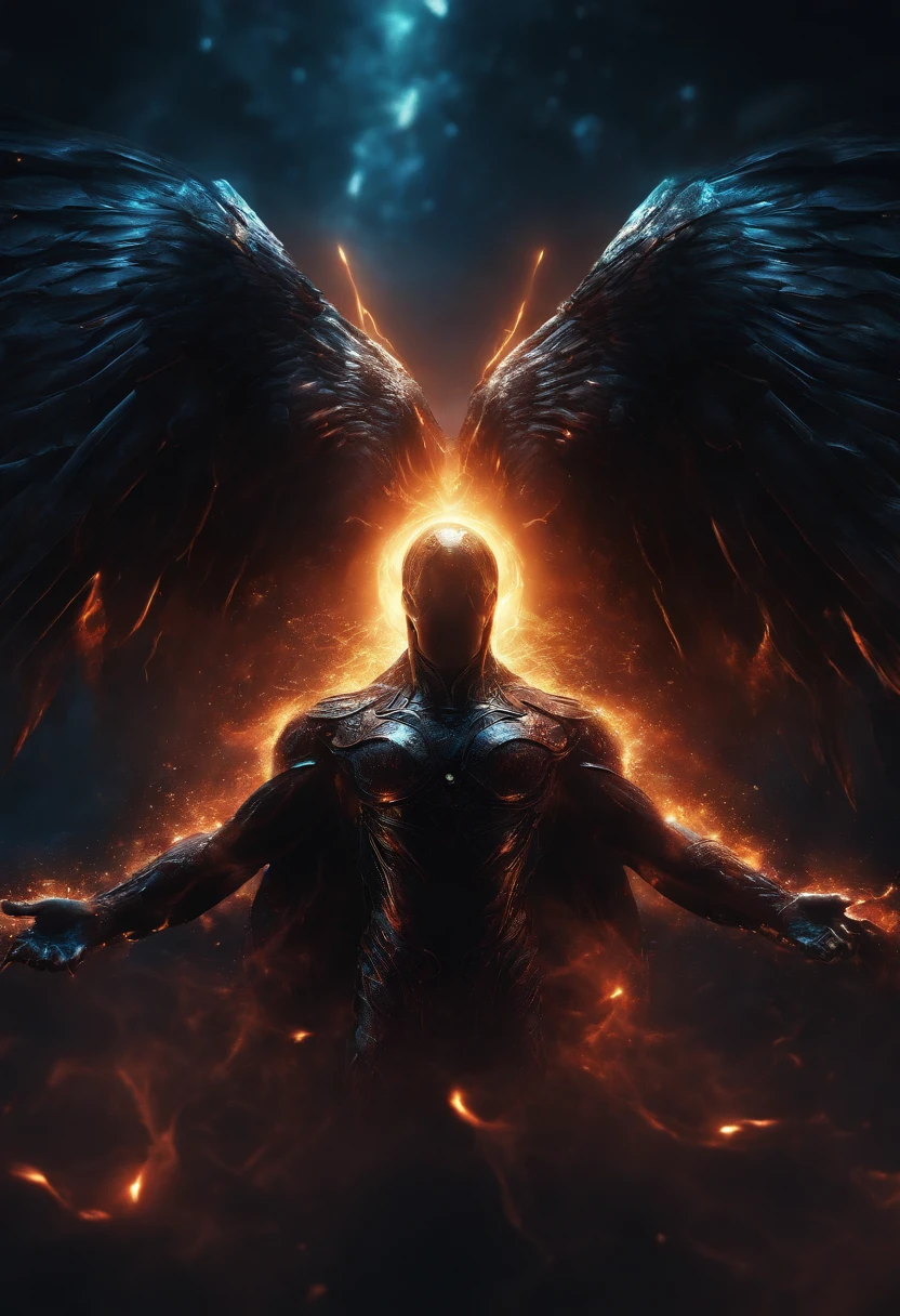 Cosmic Fallen Angel, glowing light eyes, Biomechanical, eerie, Creepy, nightmarish, Very bright colors, Light particles, with light glowing, Mshiff, wallpaper art, UHD wallpaper,no face,protoganist,hero,muscular