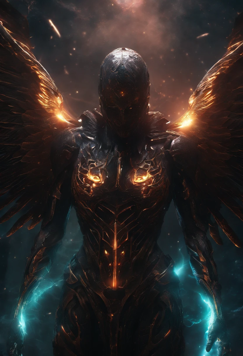 Cosmic Fallen Angel, glowing light eyes, Biomechanical, eerie, Creepy, nightmarish, Very bright colors, Light particles, with light glowing, Mshiff, wallpaper art, UHD wallpaper,no face,protoganist,hero,muscular