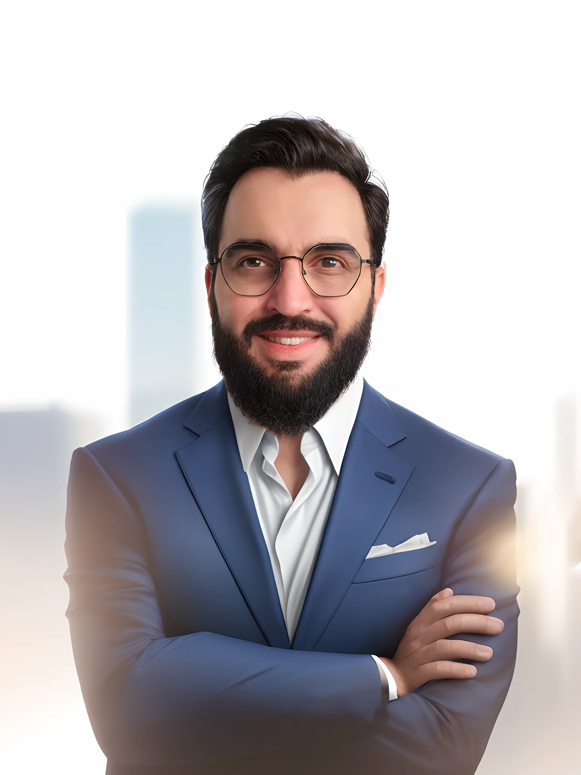 Business Executive Man, arms crossed, usando blazer azul, commercial photo setting for Linkedin post with blurred background. Imagem ultra realista, 8k, full hd.