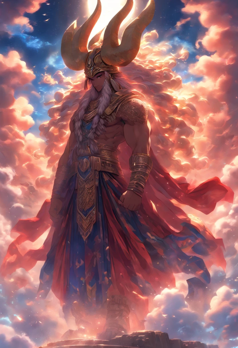 (((ANU))) best quality, ultra-high resolution, 4K detailed CG, masterpiece, Sumerian God,horn,clouds, Sumerian clothing, Sumerian mythology, ((God of the Sky)), Sumerian image, aesthetic , centered on screen, standing pose, full body