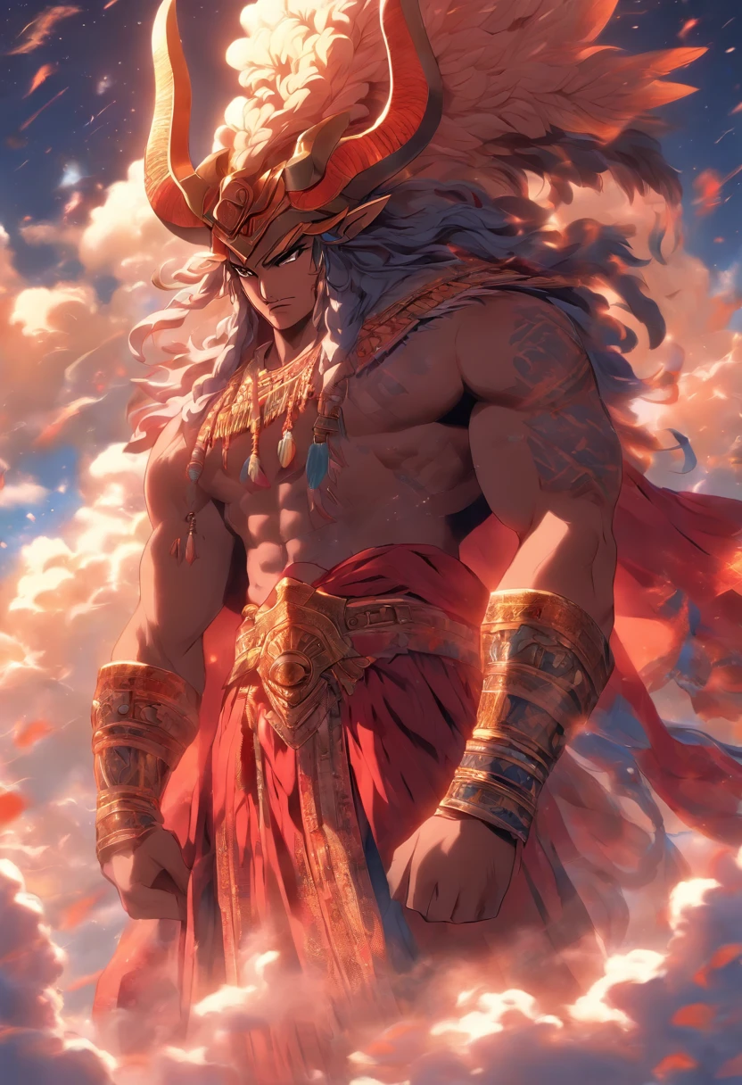 (((ANU))) best quality, ultra-high resolution, 4K detailed CG, masterpiece, Sumerian God,horn,clouds, Sumerian clothing, Sumerian mythology, ((God of the Sky)), Sumerian image, aesthetic , centered on screen, standing pose, full body