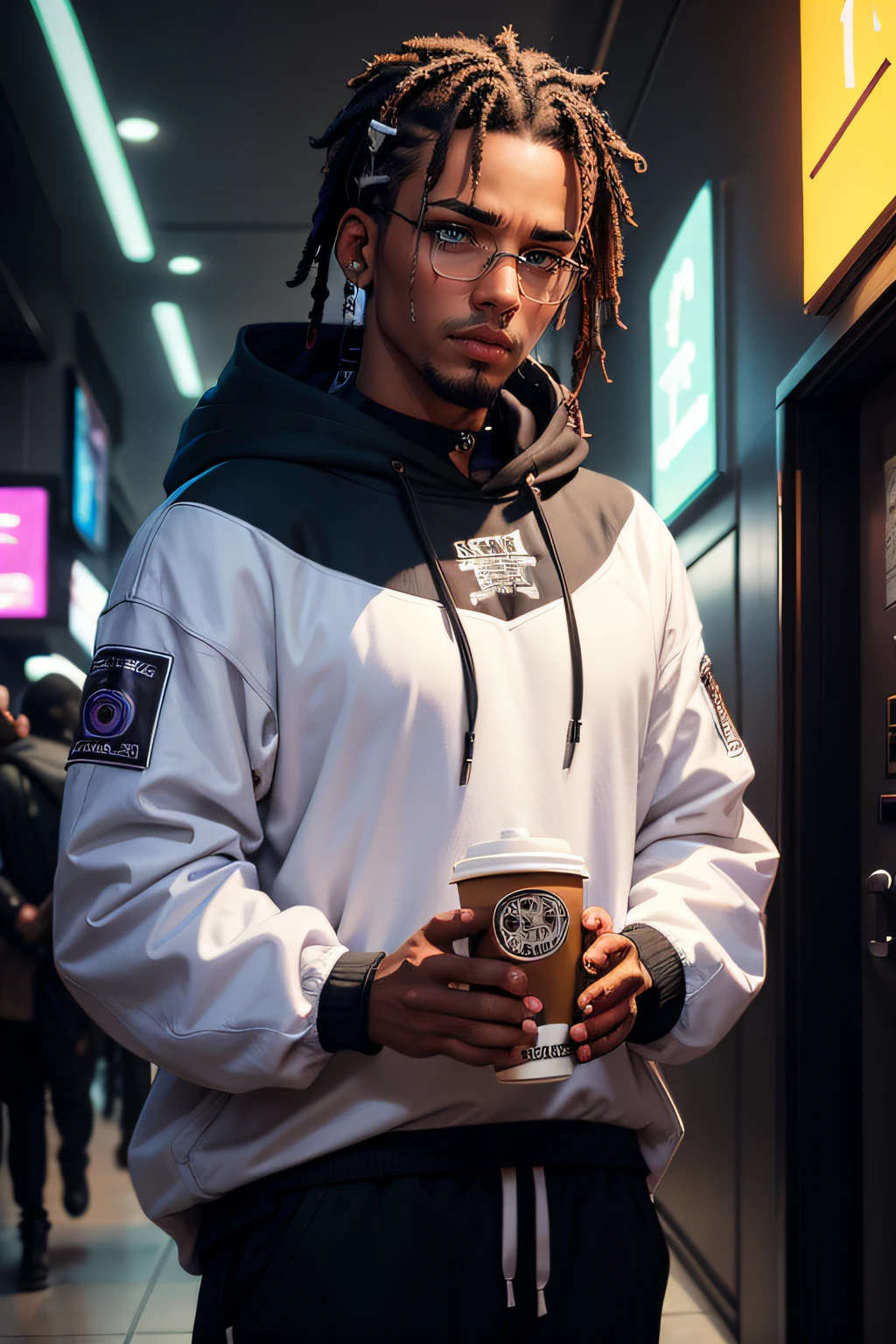 best quality, anime, 1 guy, looking like travis scott, brown braided hair, in black outfit, black hoodie, white skin, brown eyes, no beard, futuristic, cyberpunk theme, purple light, lightly chubby face, drinking coffee, wearing rounded glasses, no ear ring