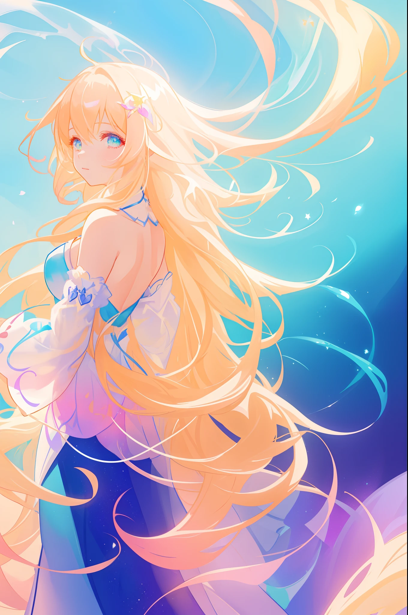 beautiful girl, flowing white dress, vibrant pastel colors, (colorful), magical lights, long flowing golden hair, inspired by Glen Keane, inspired by Lois van Baarle, disney art style, by Lois van Baarle, glowing aura around her, by Glen Keane, jen bartel, glowing lights! digital painting, flowing glowing hair, glowing flowing hair, beautiful digital illustration, fantasia background, whimsical, magical, fantasy, beautiful face, ((masterpiece, best quality)), intricate details, highly detailed, sharp focus, 8k resolution, sparkling detailed eyes, liquid watercolor