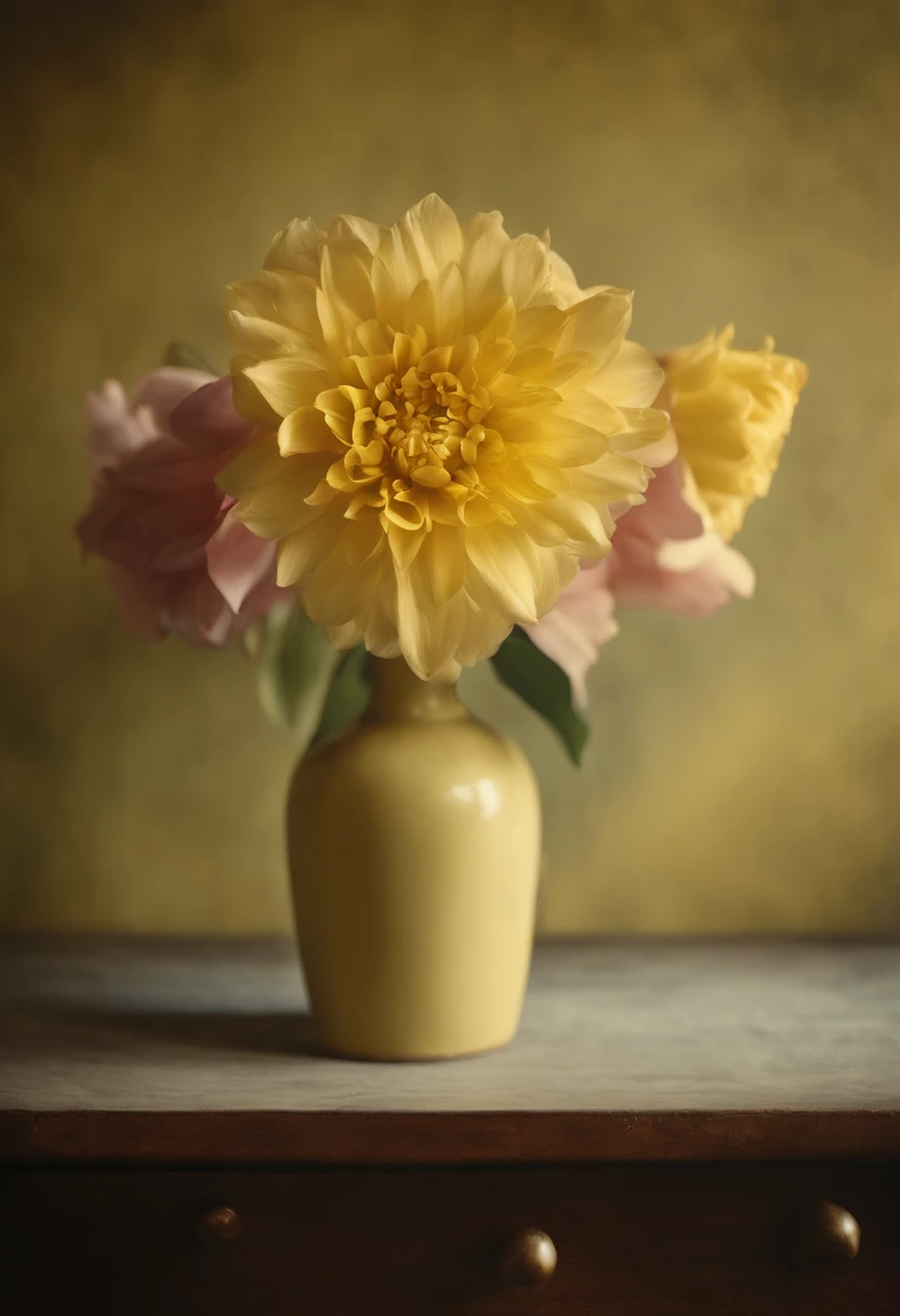 an old photography, autochrome of a flower on a table. background wall with the color pastel yellow.