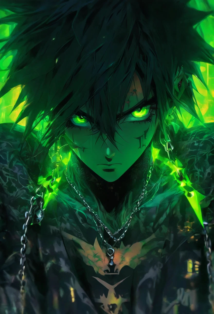 Masterpiece, Best quality, Anime young adult guy, messy spiky wavy black hair, thick-rimmed black square glasses, black jacket, bright green shirt, green eyes, chain necklace with a silver star pendant, both ears pierced, dynamic angle, Solo, Natural skin texture, Realistic black eyes and facial details :5),(Dark :1. 4), Deep shadows Detailed eyes and face, sharp black eyes, No black eyeliner, Detailed gothic costumes, Black hair, nikon d850 film, Surreal, Authentic textures, Dramatic, lighting, illusory engine, (facial clarity :1). 5), (Transparent clothes :1); 1) Gothic style, Black lace, tattoo