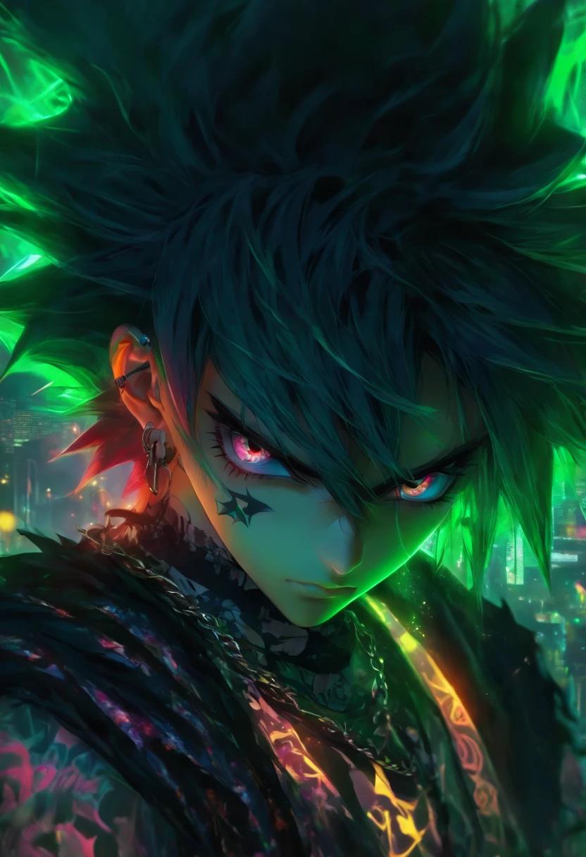Masterpiece, Best quality, Anime guy, messy spiky wavy black hair, thick-rimmed black square glasses, black jacket, bright green shirt, green eyes, chain necklace with a silver star pendant, both ears pierced, dynamic angle, Solo, Natural skin texture, Realistic black eyes and facial details :5),(Dark :1. 4), Deep shadows Detailed eyes and face, sharp black eyes, No black eyeliner, Detailed gothic costumes, Black hair, nikon d850 film, Surreal, Authentic textures, Dramatic, lighting, illusory engine, (facial clarity :1). 5), (Transparent clothes :1); 1) Gothic style, Black lace, tattoo