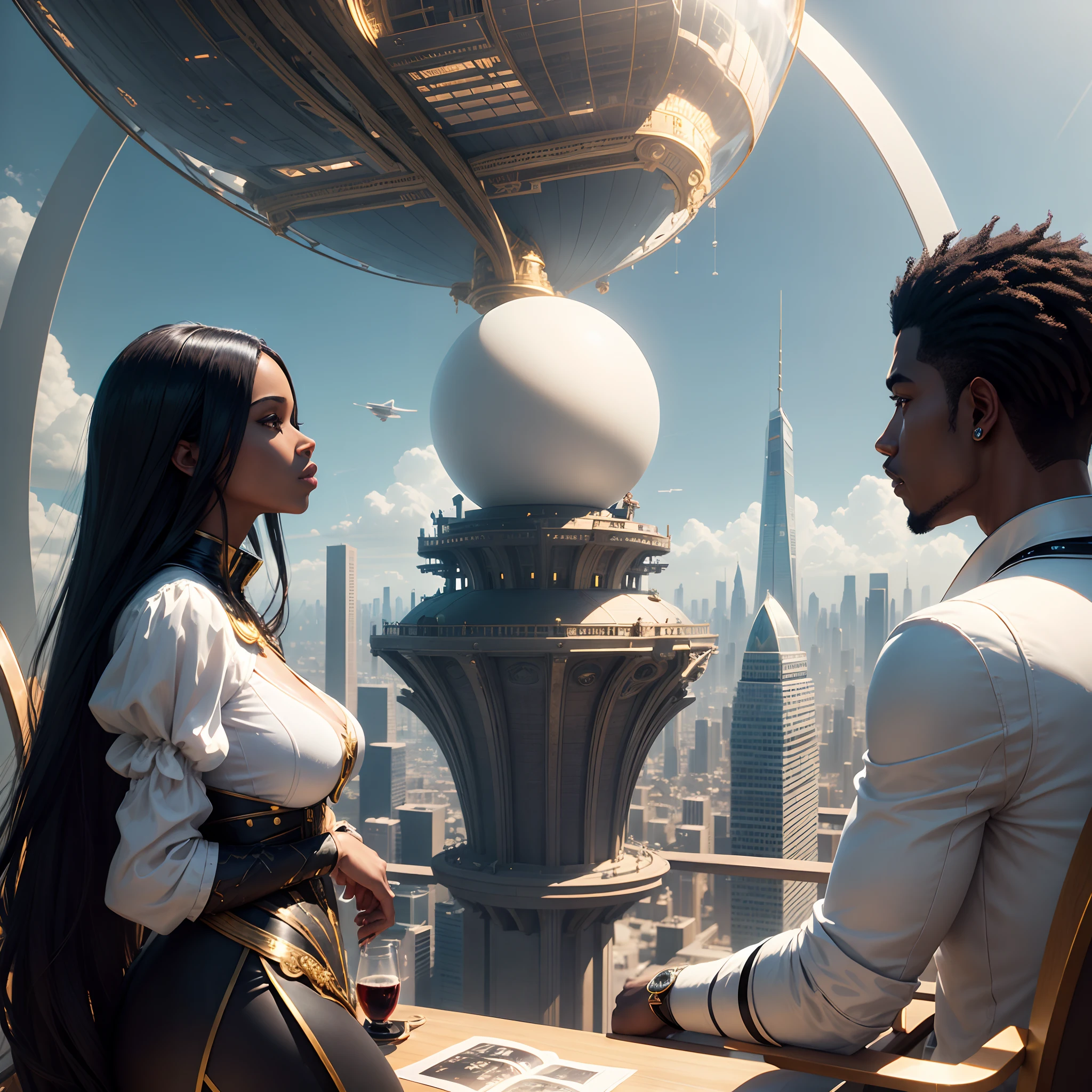 flying ship in the form of an elongated ball over the city, the ship has a transparent top glass, a black man and a black woman in white clothes with gold sit in chairs in the ship, fantasy, future, space, cinematic light, hyper-realistic, super-detailed, realism, photorealistic style