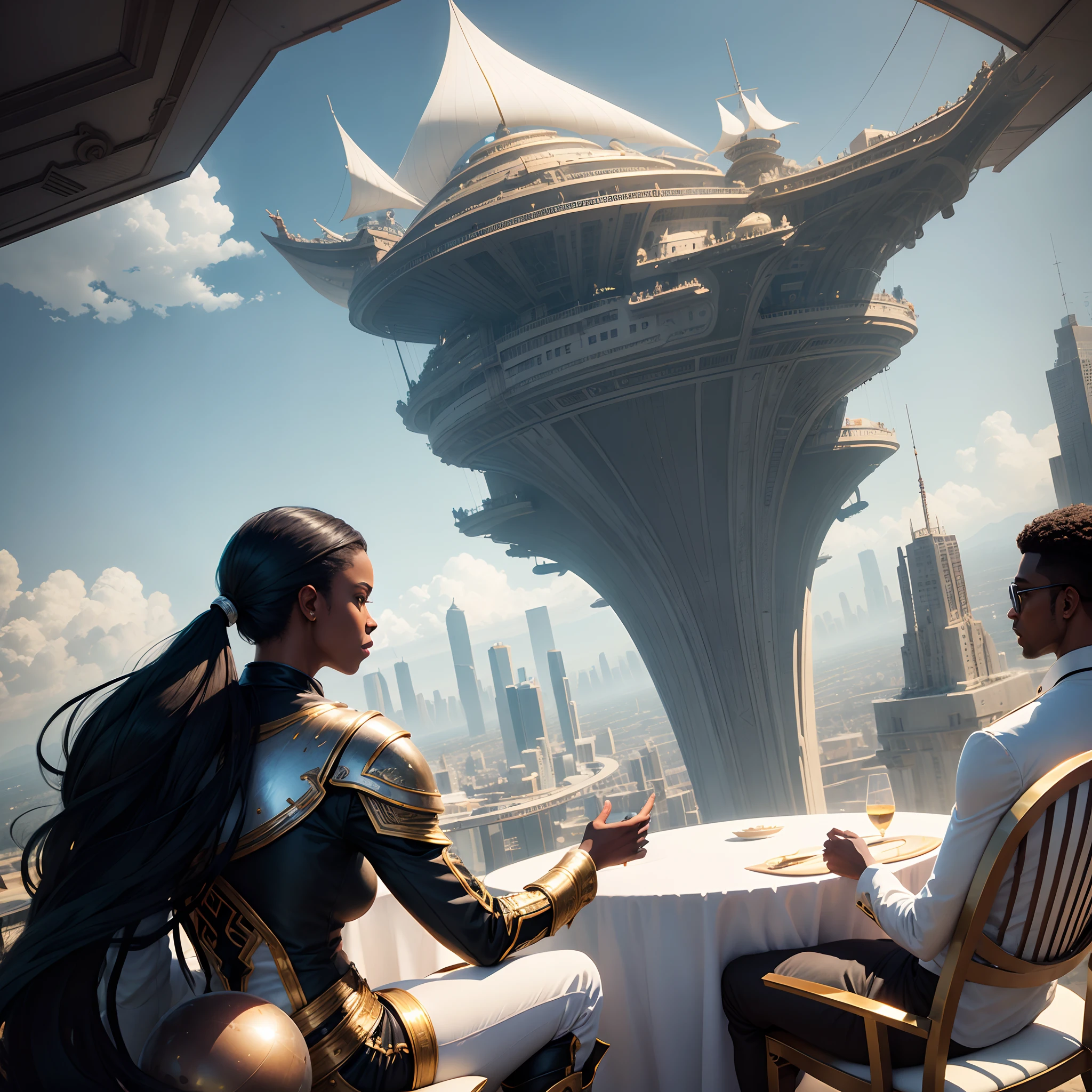 flying ship in the form of an elongated ball over the city, the ship has a transparent top glass, a black man and a black woman in white clothes with gold sit in chairs in the ship, fantasy, future, space, cinematic light, hyper-realistic, super-detailed, realism, photorealistic style