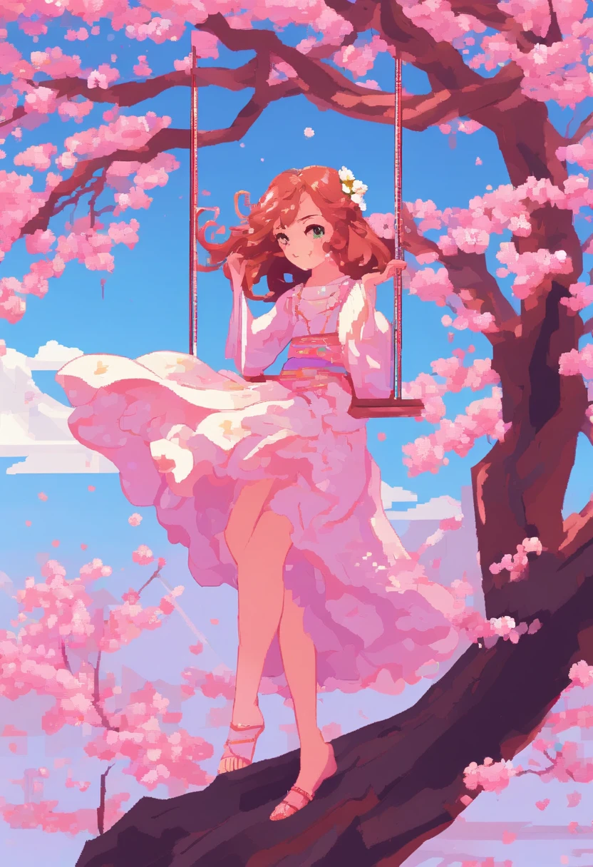 a girl swinging under a cherry blossom tree,beautiful detailed eyes,ears and face,flowing dress,pleasantly surprised expression,soft sunlight highlighting her hair,dreamy atmosphere,pastel colors,impressionistic stroke,dusk setting