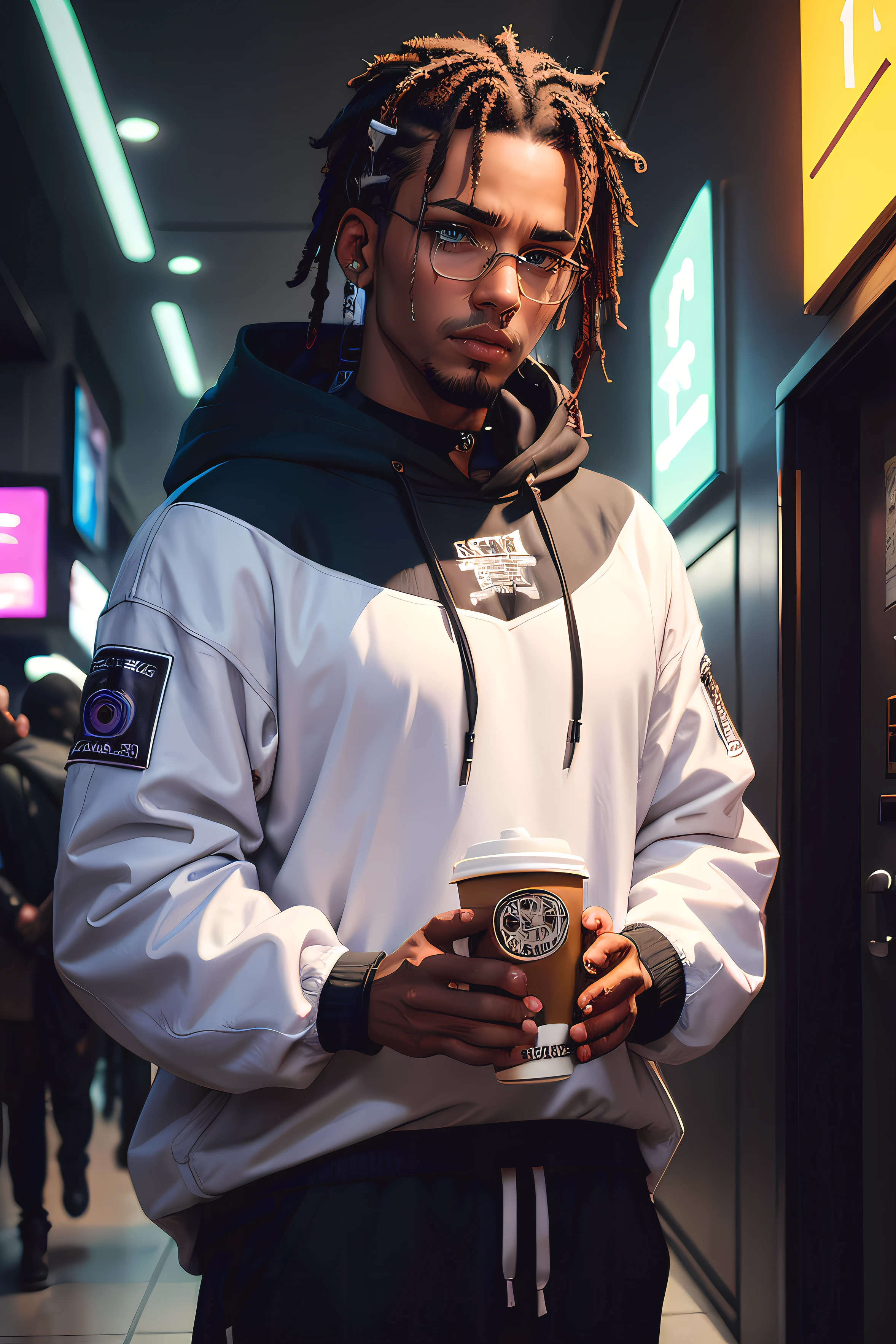 best quality, anime, 1 guy, looking like travis scott, brown braided hair, in black outfit, black hoodie, white skin, brown eyes, no beard, futuristic, cyberpunk theme, purple light, lightly chubby face, drinking coffee, wearing rounded glasses, no ear ring