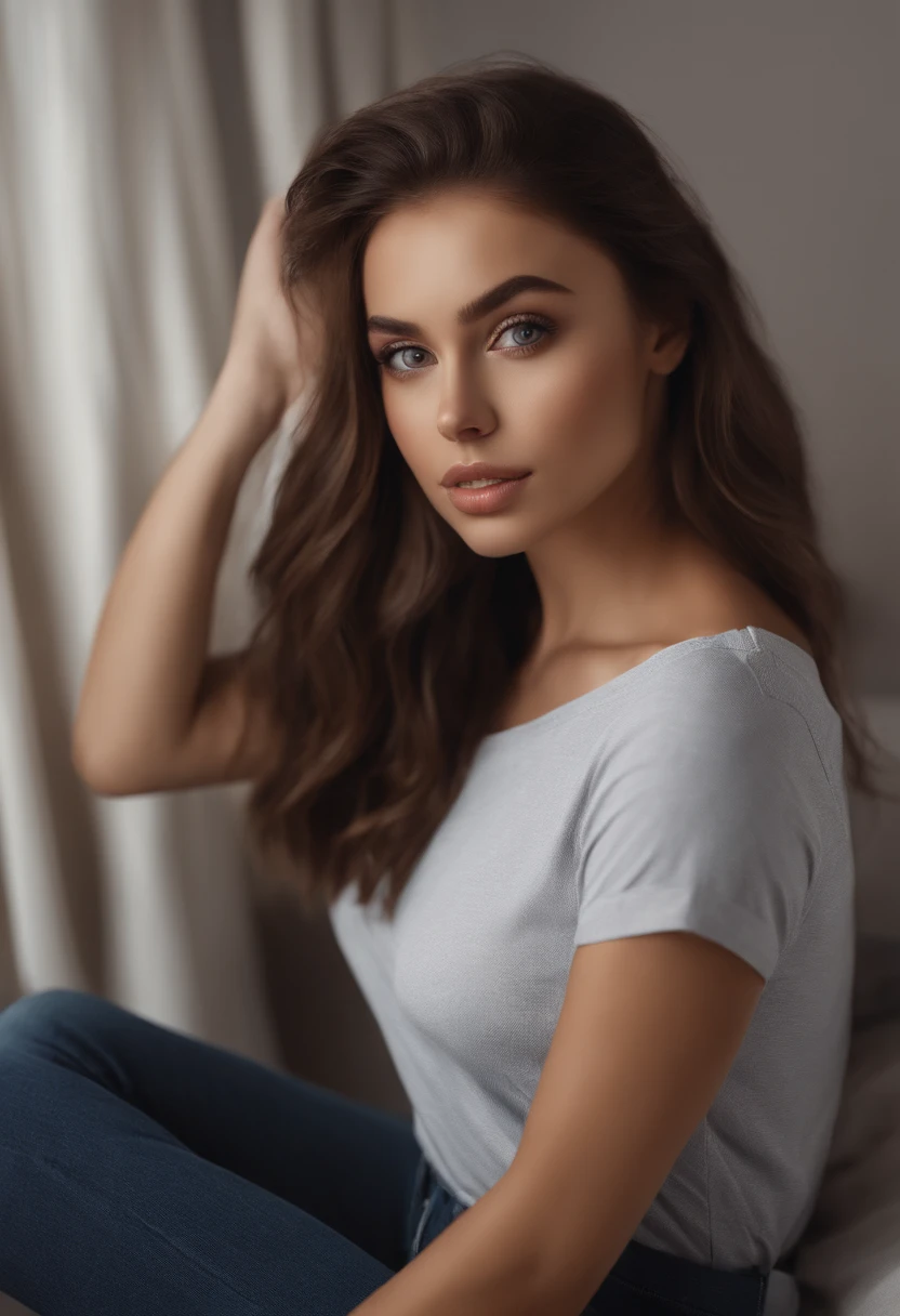 arafed woman fully , sexy girl with brown eyes, ultra realistic, meticulously detailed, portrait sophie mudd, brown hair and large eyes, selfie of a young woman, dubai eyes, violet myers, without makeup, natural makeup, looking directly at the camera, face with artgram, subtle makeup, stunning full body shot kneeling on bed, in bedroom, medium to large size bust