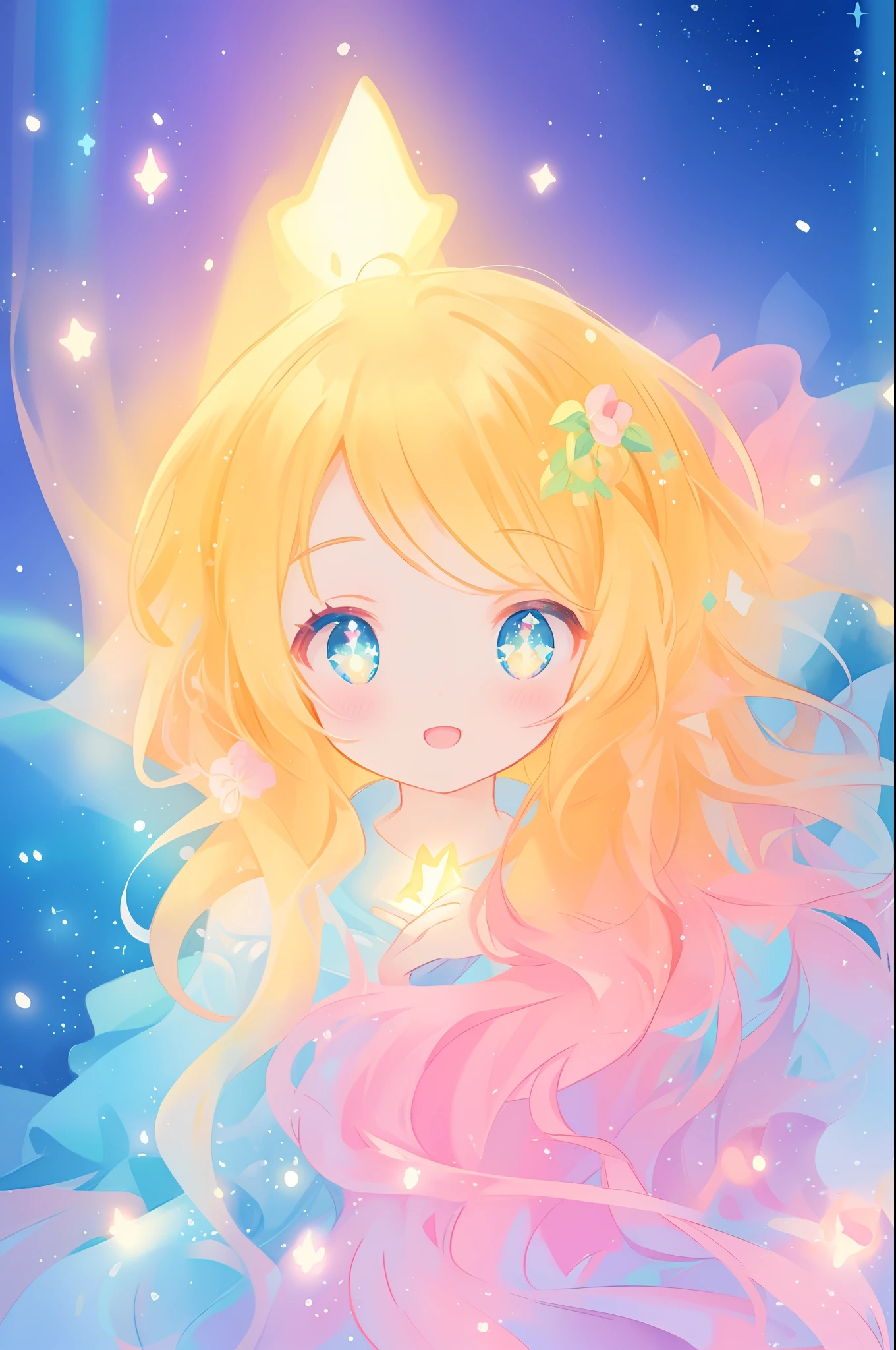 beautiful girl in white layered ballgown, vibrant pastel colors, (colorful), magical lights, golden long wavy hair, sparkling lines of light, inspired by Glen Keane, inspired by Lois van Baarle, disney art style, by Lois van Baarle, glowing aura around her, by Glen Keane, jen bartel, glowing lights! digital painting, flowing glowing hair, glowing flowing hair, beautiful digital illustration, fantasia background, whimsical, magical, fantasy, beautiful face, ((masterpiece, best quality)), intricate details, highly detailed, sharp focus, 8k resolution, sparkling detailed eyes, liquid watercolor