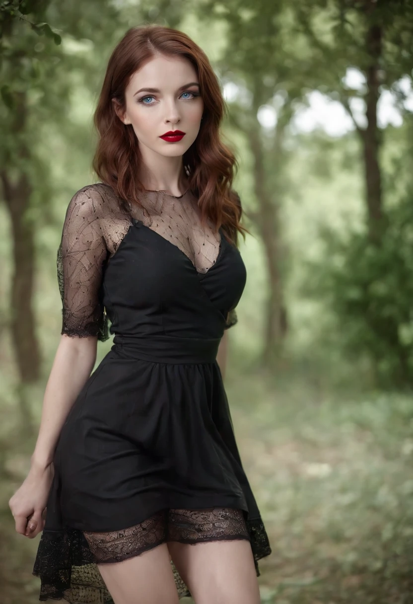 reddish brown hair girl, blue eyes, beautiful, full body, small breasts, wearing a black short dress with fishnet stockings, high heels, red lipstick, full body from head to feet