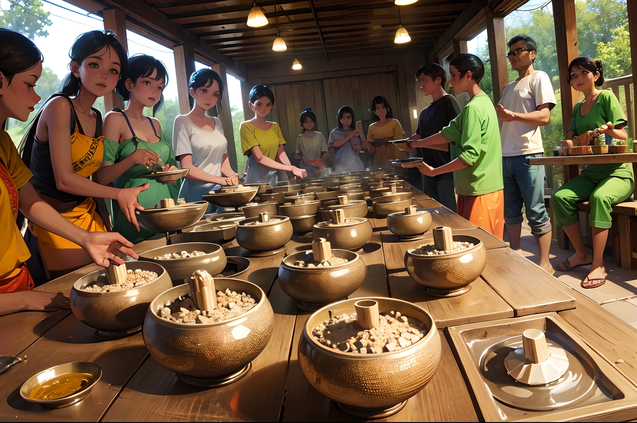 Render the workshop in Kumortuli, with multiple artisan potters crafting Durga idols made of soil. --auto --s2