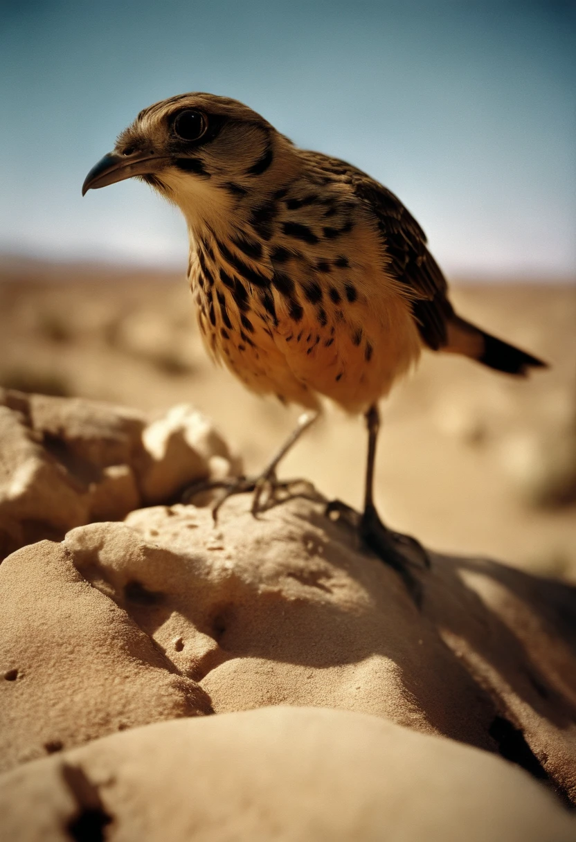 an old photography, autochrome of broken little bird in a desert and sad place.