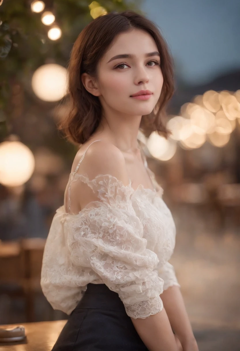 (8k, top quality, masterpiece: 1.2), (realistic, photorealistic: 1.37), super detailed, girl 1 person, , solo, small breasts, beautiful detailed sky, Detailed café, night, (blush), (smile: 1.15), (closed mouth), small, (shirt with collar: 1.1), night, wet, office clothes, rain, white lace, (short hair: 1.2), floating hair NovaFrogStyle, random sexy poses,