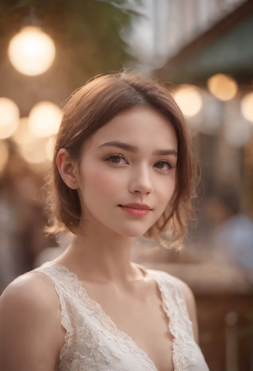 (8k, top quality, masterpiece: 1.2), (realistic, photorealistic: 1.37), super detailed, girl 1 person, 17 years old, solo, small breasts, beautiful detailed sky, Detailed café, night, (blush), (smile: 1.15), (closed mouth), small, (shirt with collar: 1.1), night, wet, office clothes, rain, white lace, (short hair: 1.2), floating hair NovaFrogStyle, random sexy poses,