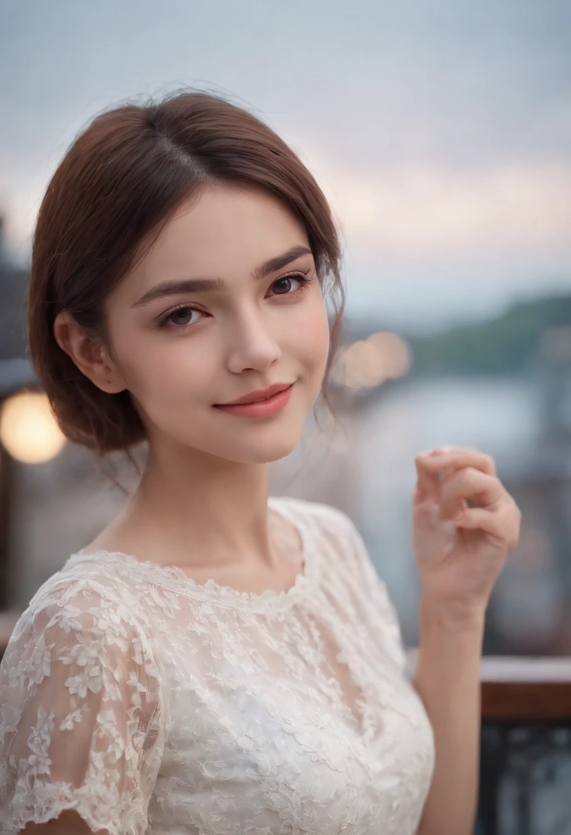 (8k, top quality, masterpiece: 1.2), (realistic, photorealistic: 1.37), super detailed, girl 1 person, 17 years old, solo, small breasts, beautiful detailed sky, Detailed café, night, (blush), (smile: 1.15), (closed mouth), small, (shirt with collar: 1.1), night, wet, office clothes, rain, white lace, (short hair: 1.2), floating hair NovaFrogStyle, random sexy poses,