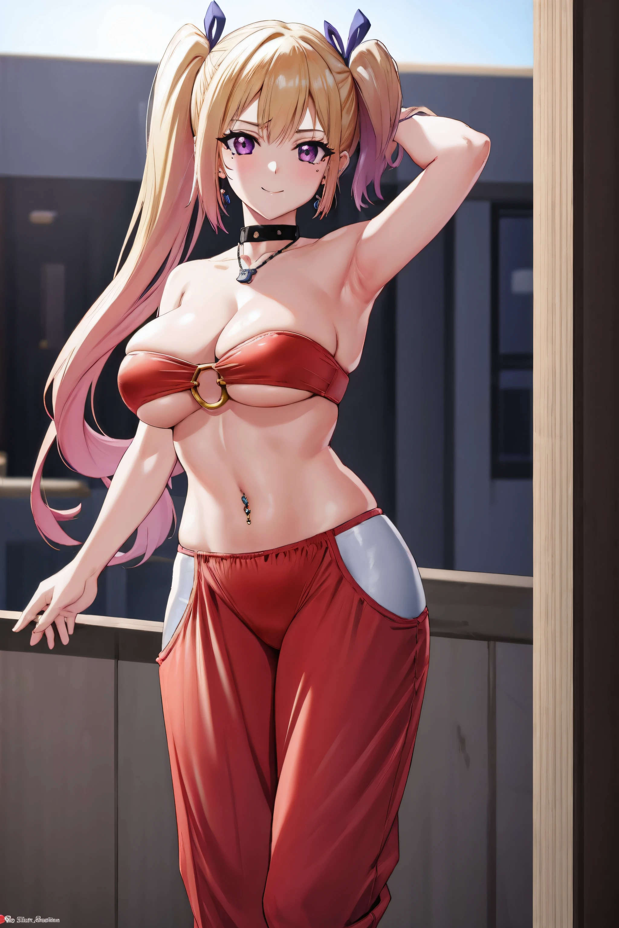 crotchless pants, 1girl, mai kawakami, blonde hair, hair ribbon, long hair, mole, mole under eye, ribbon, side ponytail, (purple eyes:1.2), , red_bra,o-ring top,strapless,underboob, jewelry, harem pants, armpits, , looking at viewer, arm up, choker, earrings, blurry background, navel, piercing, navel piercing, blurry, bracer,smile, standing, see-through,  arm behind head,  hoop earrings, collarbone, cleft of venus, , necklace, closed mouth, red pants, vambraces, indoors, stomach, red panties, armlet, arabian clothes, depth of field, dancer,NSFW,official art,extremely detailed CG unity 8k wallpaper, perfect lighting,Colorful, Bright_Front_face_Lighting, (masterpiece:1.0),(best_quality:1.0), ultra high res,4K,ultra-detailed, photography, 8K, HDR, highres, absurdres:1.2, Kodak portra 400, film grain, blurry background, bokeh:1.2, lens flare, (vibrant_color:1.2) (Beautiful,large_Breasts:1.4), (beautiful_face:1.5),(narrow_waist),(perfect hands, perfect anatomy)