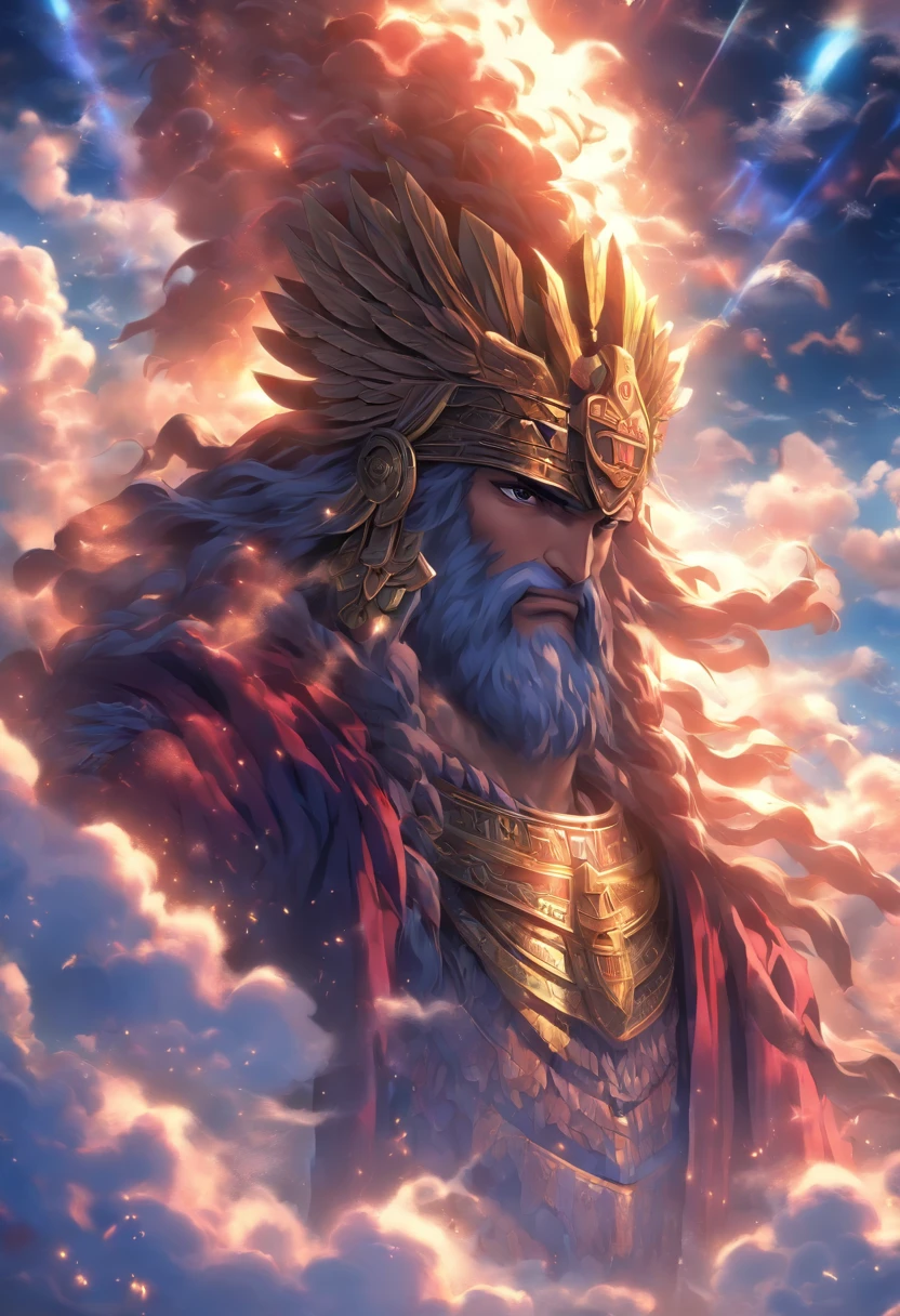 (((ANU))) best quality, ultra-high resolution, 4K detailed CG, masterpiece, Sumerian God,clouds, Sumerian clothing, Sumerian mythology, ((God of the Sky)), Sumerian image, aesthetic, centered on the screen