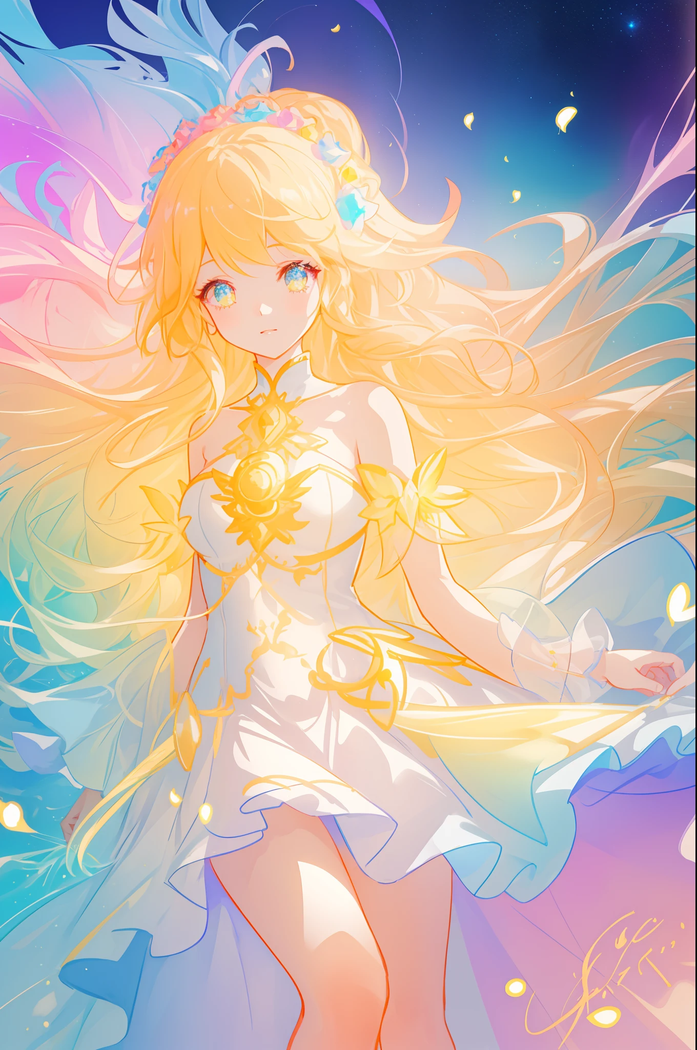 beautiful girl in white tiered puffy ballgown, vibrant pastel colors, (colorful), magical lights, golden long wavy hair, sparkling lines of light, inspired by Glen Keane, inspired by Lois van Baarle, disney art style, by Lois van Baarle, glowing aura around her, by Glen Keane, jen bartel, glowing lights! digital painting, flowing glowing hair, glowing flowing hair, beautiful digital illustration, fantasia background, whimsical, magical, fantasy, beautiful face, ((masterpiece, best quality)), intricate details, highly detailed, sharp focus, 8k resolution, sparkling detailed eyes, liquid watercolor