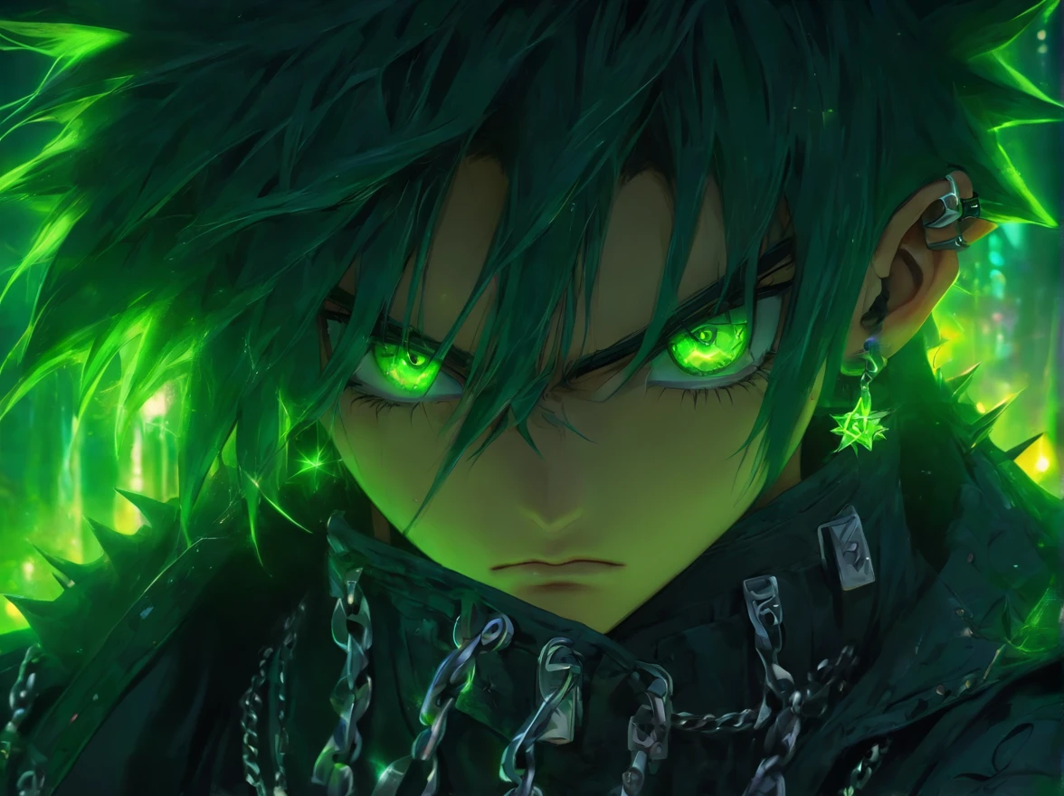 Masterpiece, Best quality, Anime young adult guy, messy spiky wavy black hair, thick-rimmed black square glasses, black jacket, bright green shirt, green eyes, chain necklace with a silver star pendant, both ears pierced, dynamic angle, Solo, Natural skin texture, Realistic black eyes and facial details :5),(Dark :1. 4), Deep shadows Detailed eyes and face, sharp black eyes, No black eyeliner, Detailed gothic costumes, Black hair, nikon d850 film, Surreal, Authentic textures, Dramatic, lighting, illusory engine, (facial clarity :1). 5), (Transparent clothes :1); 1) Gothic style, Black lace, tattoo