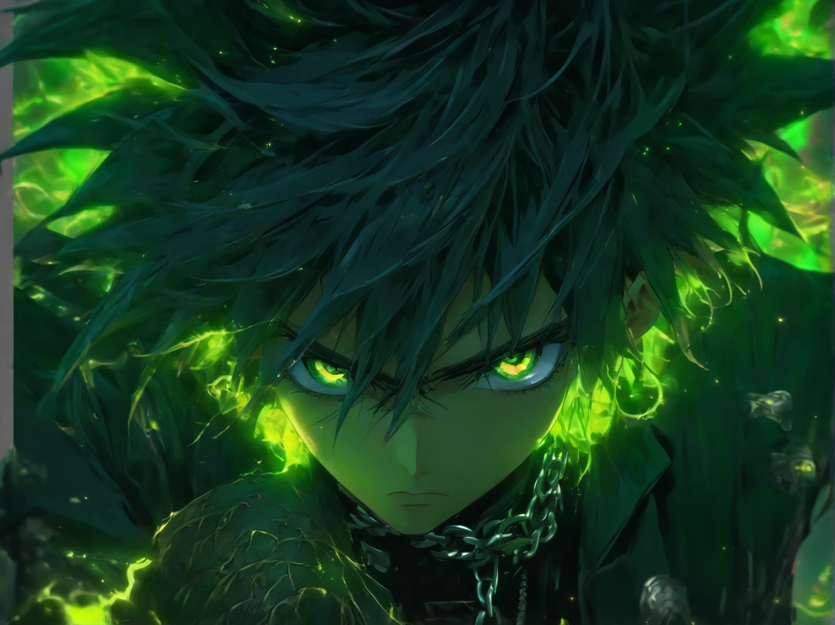 Masterpiece, Best quality, Anime  guy, messy spiky wavy black hair, thick-rimmed black square glasses, black jacket, bright green shirt, green eyes, chain necklace with a silver star pendant, both ears pierced, dynamic angle, Solo, Natural skin texture, Realistic black eyes and facial details :5),(Dark :1. 4), Deep shadows Detailed eyes and face, sharp black eyes, No black eyeliner, Detailed gothic costumes, Black hair, nikon d850 film, Surreal, Authentic textures, Dramatic, lighting, illusory engine, (facial clarity :1). 5), (Transparent clothes :1); 1) Gothic style, Black lace, tattoo