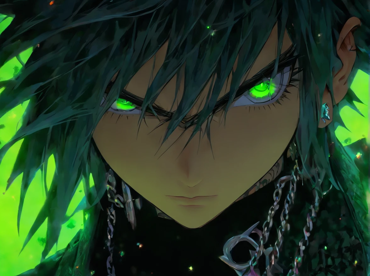 Masterpiece, Best quality, Anime young adult guy, messy spiky wavy black hair, thick-rimmed black square glasses, black jacket, bright green shirt, green eyes, chain necklace with a silver star pendant, both ears pierced, dynamic angle, Solo, Natural skin texture, Realistic black eyes and facial details :5),(Dark :1. 4), Deep shadows Detailed eyes and face, sharp black eyes, No black eyeliner, Detailed gothic costumes, Black hair, nikon d850 film, Surreal, Authentic textures, Dramatic, lighting, illusory engine, (facial clarity :1). 5), (Transparent clothes :1); 1) Gothic style, Black lace, tattoo