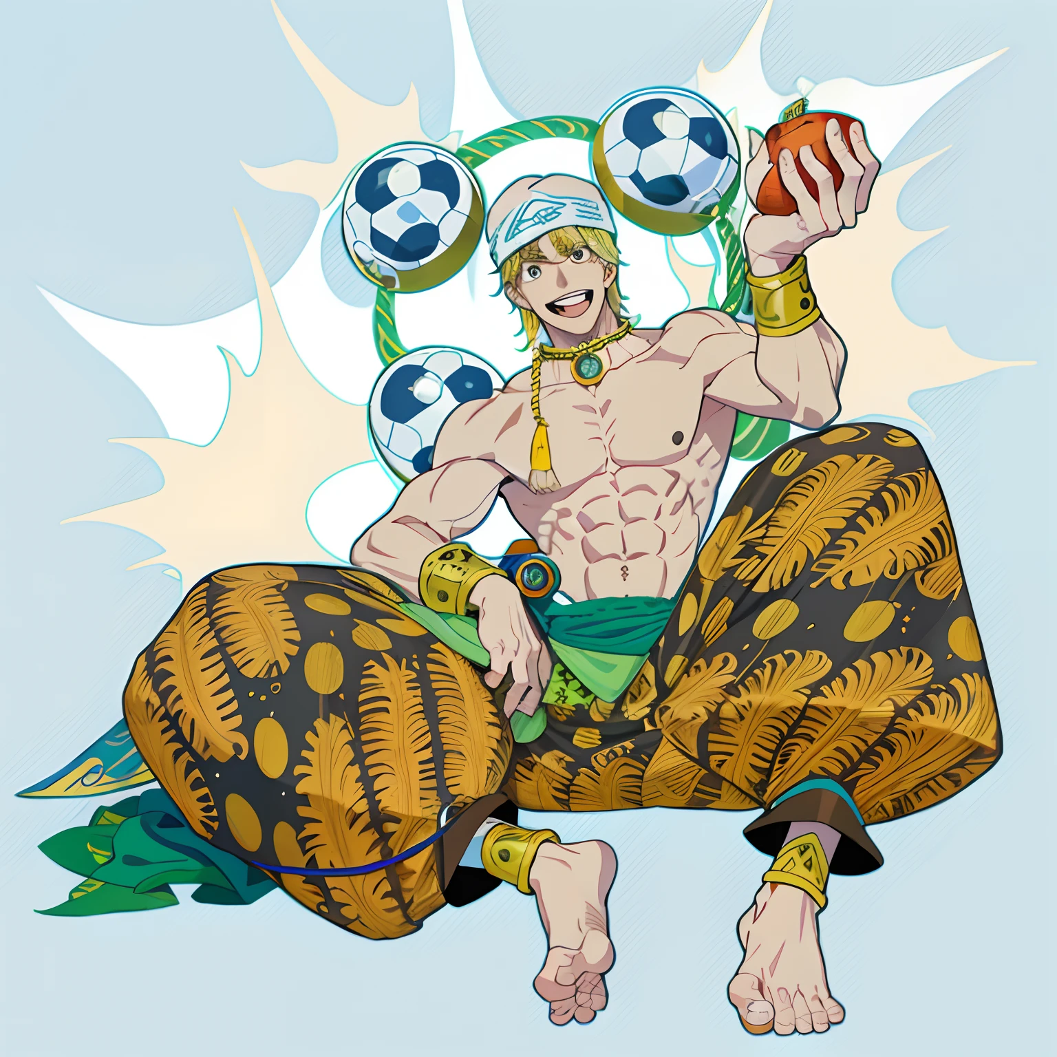 um desenho animado de um homem com um arco cheio de tomoes em suas costas sentado em uma cama, inspirado em Eiichiro Oda, Do it by conducting static energy