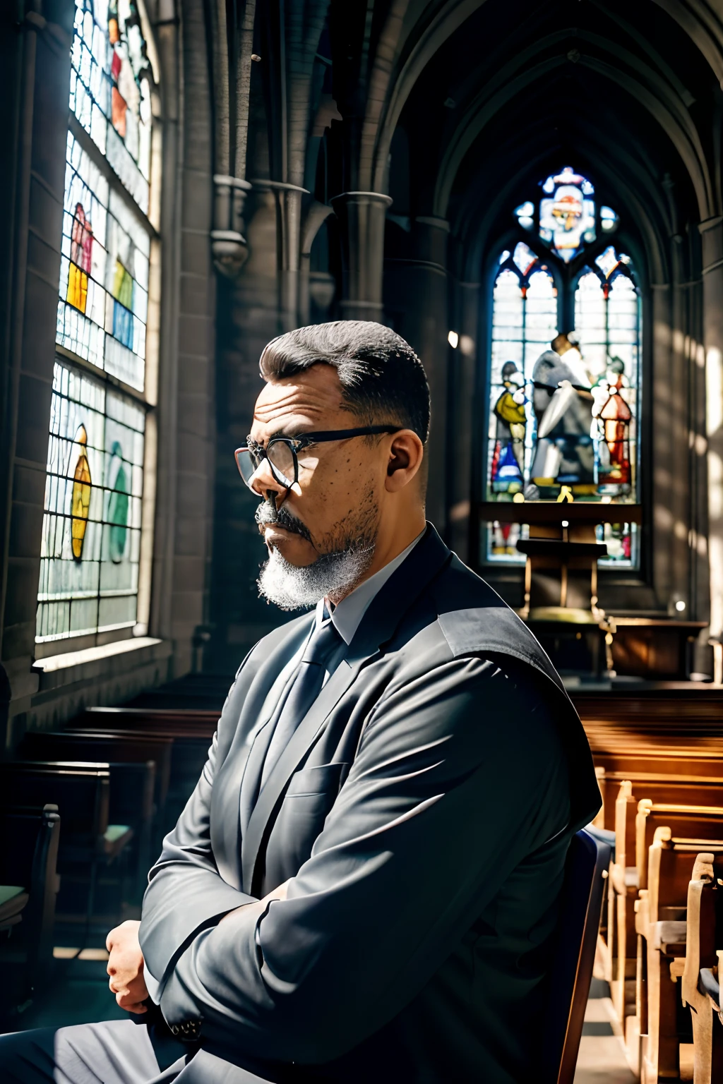 guttoepic2, "Create a half-body portrait of a bespectacled man seated in a Gothic church, looking thoughtfully at the viewer, with one hand on his chin. The scene is illuminated by sunlight filtering through stained glass windows, creating traces of light in the thin mist that fills the space."