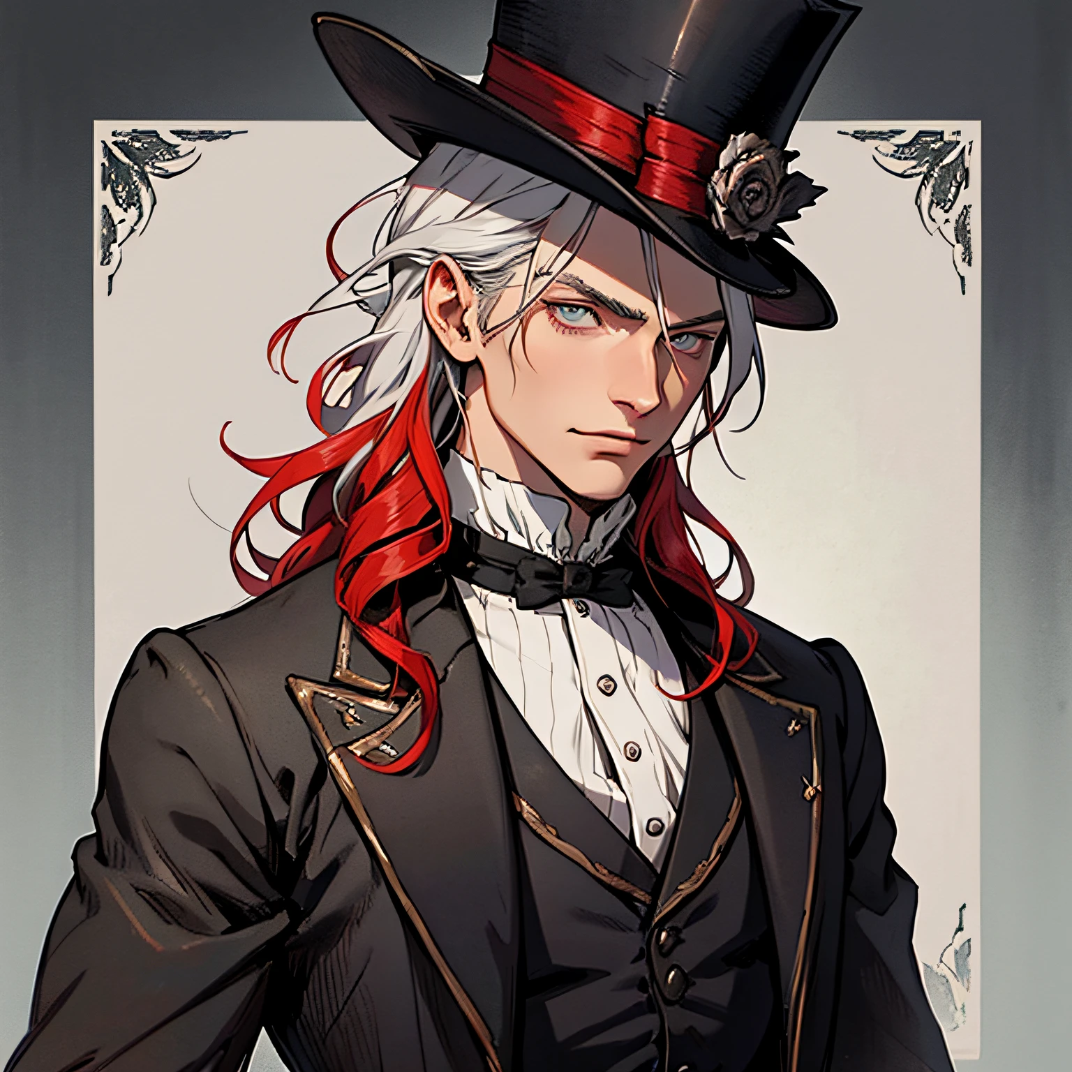 Jesse is tall He has white hair with red tips, and sharp grey eyes, they're so beautiful to look at. His hair is a bit wavy and he has a beautifully toned body. Jesse is seen wearing a bloodborne victorian dark clothes. victorian top hat, Red hair stripes, victorian library background
