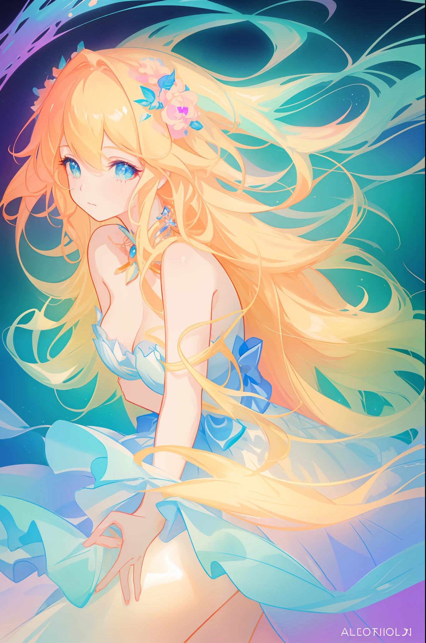 beautiful girl, flowing puffy tiered ballgown, vibrant pastel colors, (colorful), magical lights, long flowing golden hair, inspired by Glen Keane, inspired by Lois van Baarle, disney art style, by Lois van Baarle, glowing aura around her, by Glen Keane, jen bartel, glowing lights! digital painting, flowing glowing hair, glowing flowing hair, beautiful digital illustration, fantasia background, whimsical, magical, fantasy, beautiful face, ((masterpiece, best quality)), intricate details, highly detailed, sharp focus, 8k resolution, sparkling detailed eyes, liquid watercolor