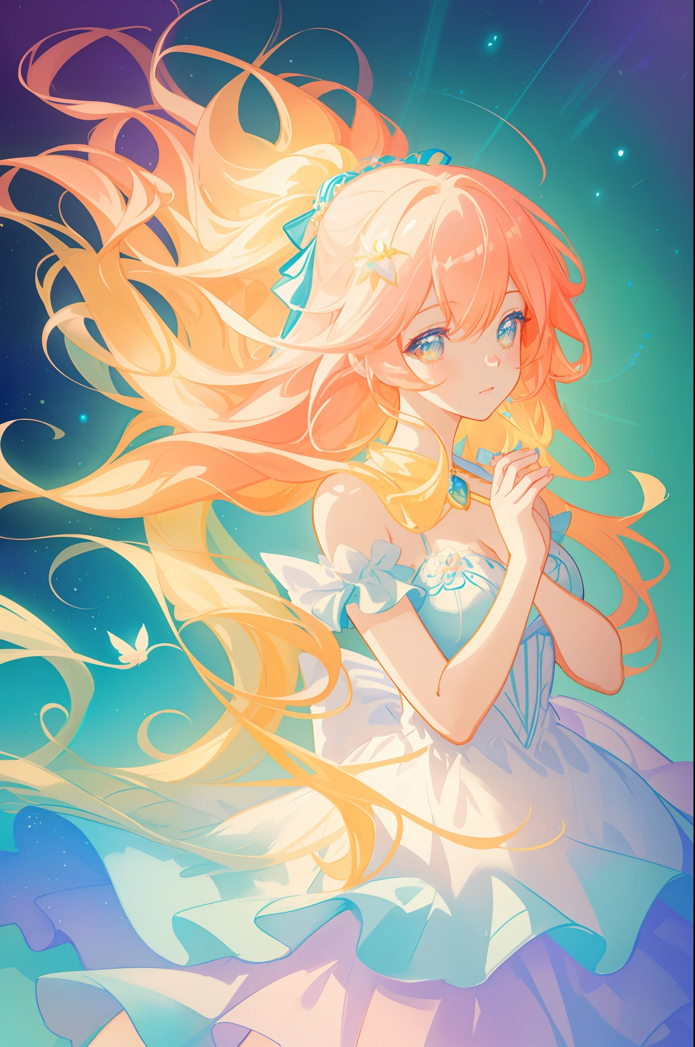 beautiful girl, flowing puffy tiered ballgown, vibrant pastel colors, (colorful), magical lights, long flowing golden hair, inspired by Glen Keane, inspired by Lois van Baarle, disney art style, by Lois van Baarle, glowing aura around her, by Glen Keane, jen bartel, glowing lights! digital painting, flowing glowing hair, glowing flowing hair, beautiful digital illustration, fantasia background, whimsical, magical, fantasy, beautiful face, ((masterpiece, best quality)), intricate details, highly detailed, sharp focus, 8k resolution, sparkling detailed eyes, liquid watercolor