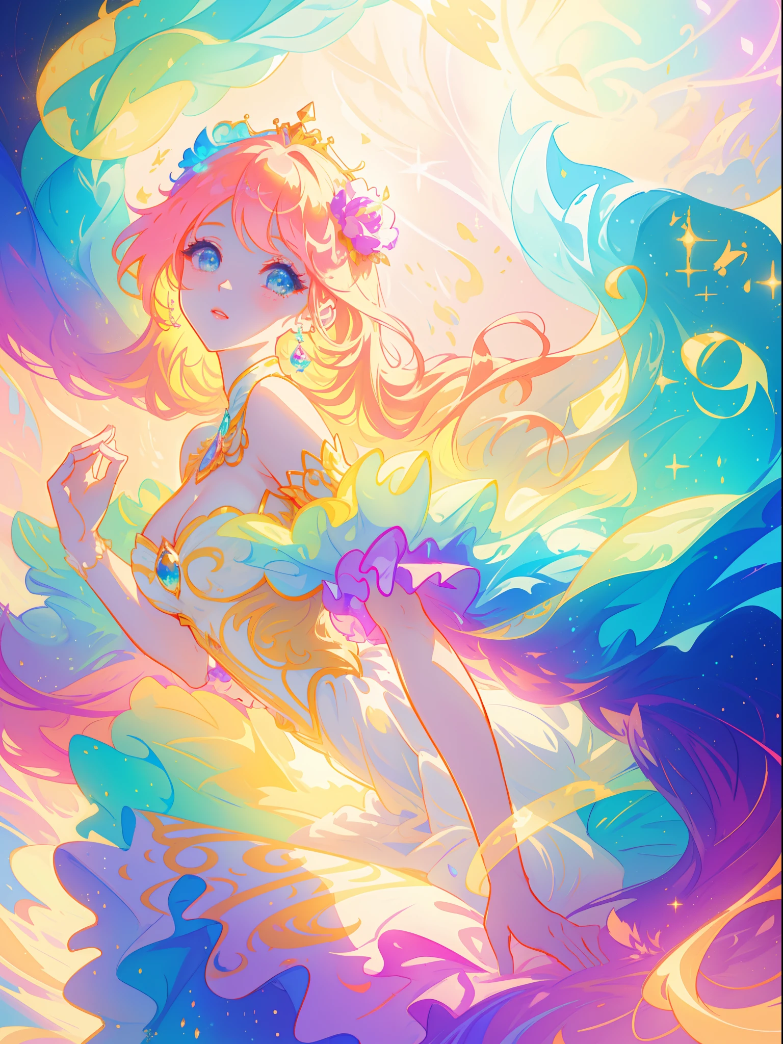 beautiful girl, puffy tiered princess ballgown, vibrant pastel colors, (colorful), magical lights, long flowing golden hair, inspired by Glen Keane, inspired by Lois van Baarle, disney art style, by Lois van Baarle, glowing aura around her, by Glen Keane, jen bartel, glowing lights! digital painting, beautiful digital illustration, fantasia background, whimsical, magical, fantasy, beautiful face, ((masterpiece, best quality)), intricate details, highly detailed, sharp focus, 8k resolution, sparkling detailed eyes