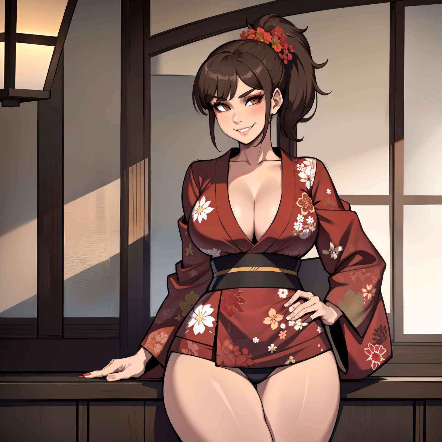 one female with short ponytail brown haircut, has brown eyes, long form fitting red floral kimono, alone, solo, (ALONE)(SOLO), showing cleavage, facing forward, looking at me, looking forward, smirk, showing full legs, looking casual