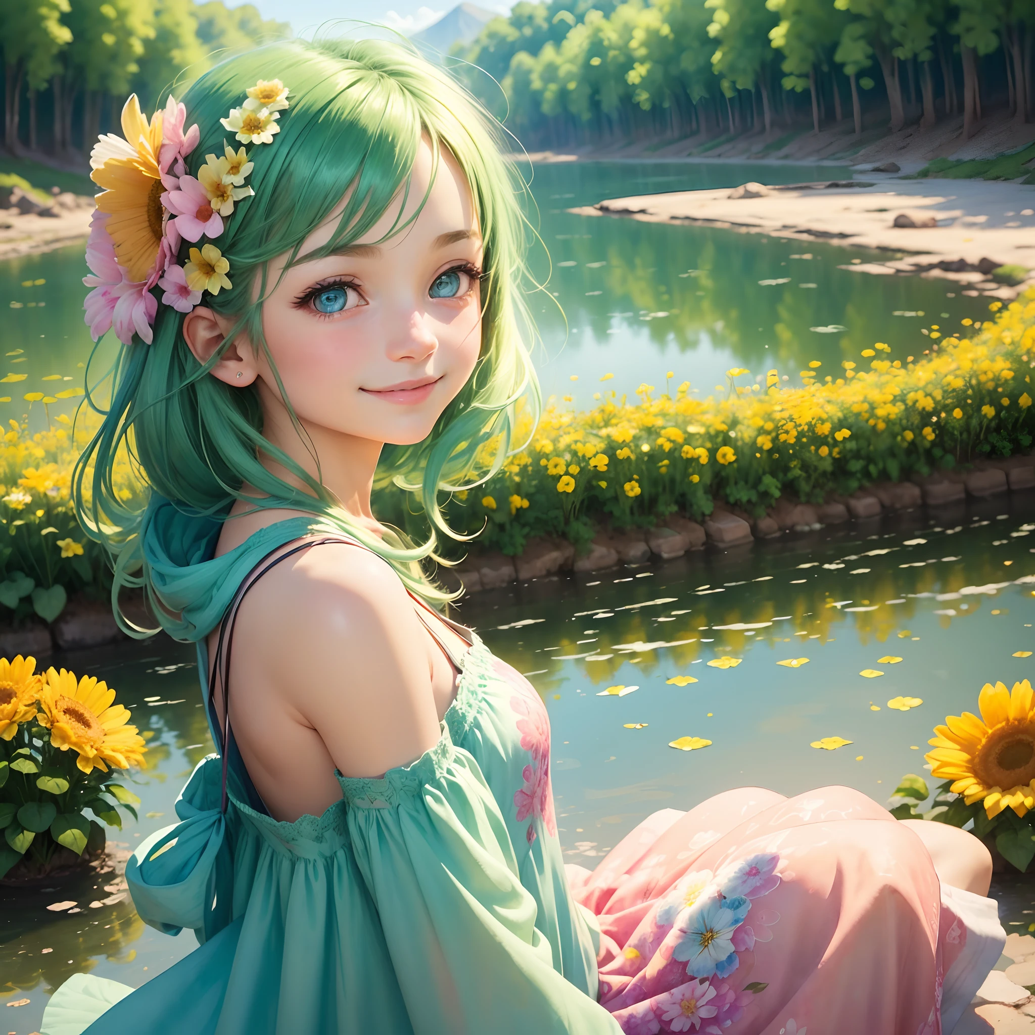 (a girl, a journey, happiness), (watercolor, vibrant colors), (beautiful detailed eyes, radiant smile), (lush green landscapes, blooming flowers), (best quality, vivid colors, sharp focus), (portrait, dream-like), (warm tones), (soft natural lighting)