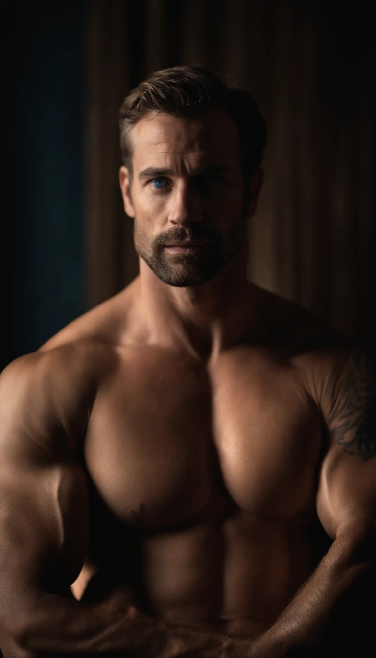 Body Shot Naked Hot Man 34 years old Defined Muscles Blue Eyes Ultrarealistic High Details Large Genitalia Dim Light Photorealism