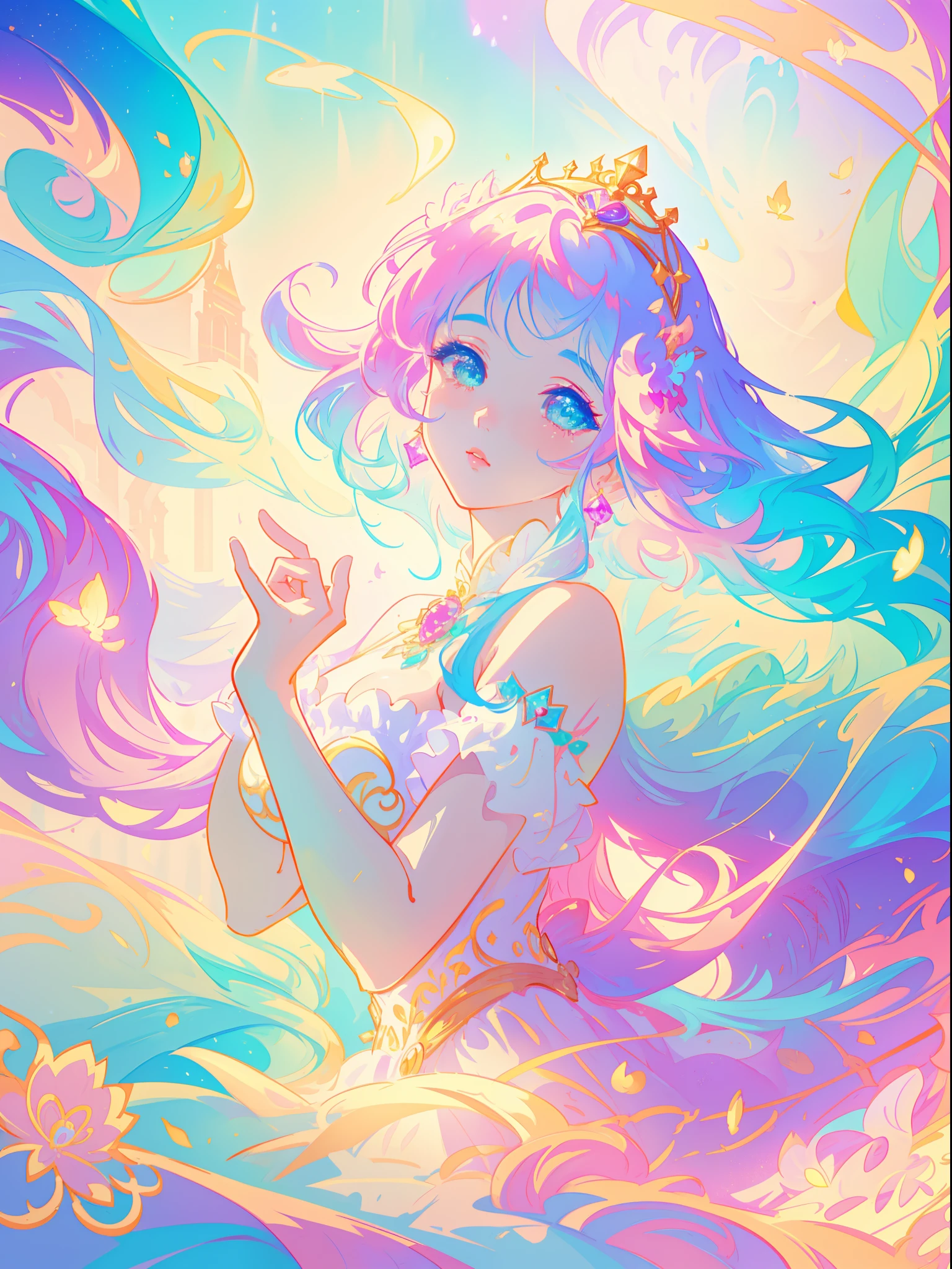 beautiful girl, puffy tiered princess ballgown, vibrant pastel colors, (colorful), magical lights, long flowing golden hair, inspired by Glen Keane, inspired by Lois van Baarle, disney art style, by Lois van Baarle, glowing aura around her, by Glen Keane, jen bartel, glowing lights! digital painting, beautiful digital illustration, fantasia background, whimsical, magical, fantasy, beautiful face, ((masterpiece, best quality)), intricate details, highly detailed, sharp focus, 8k resolution, sparkling detailed eyes