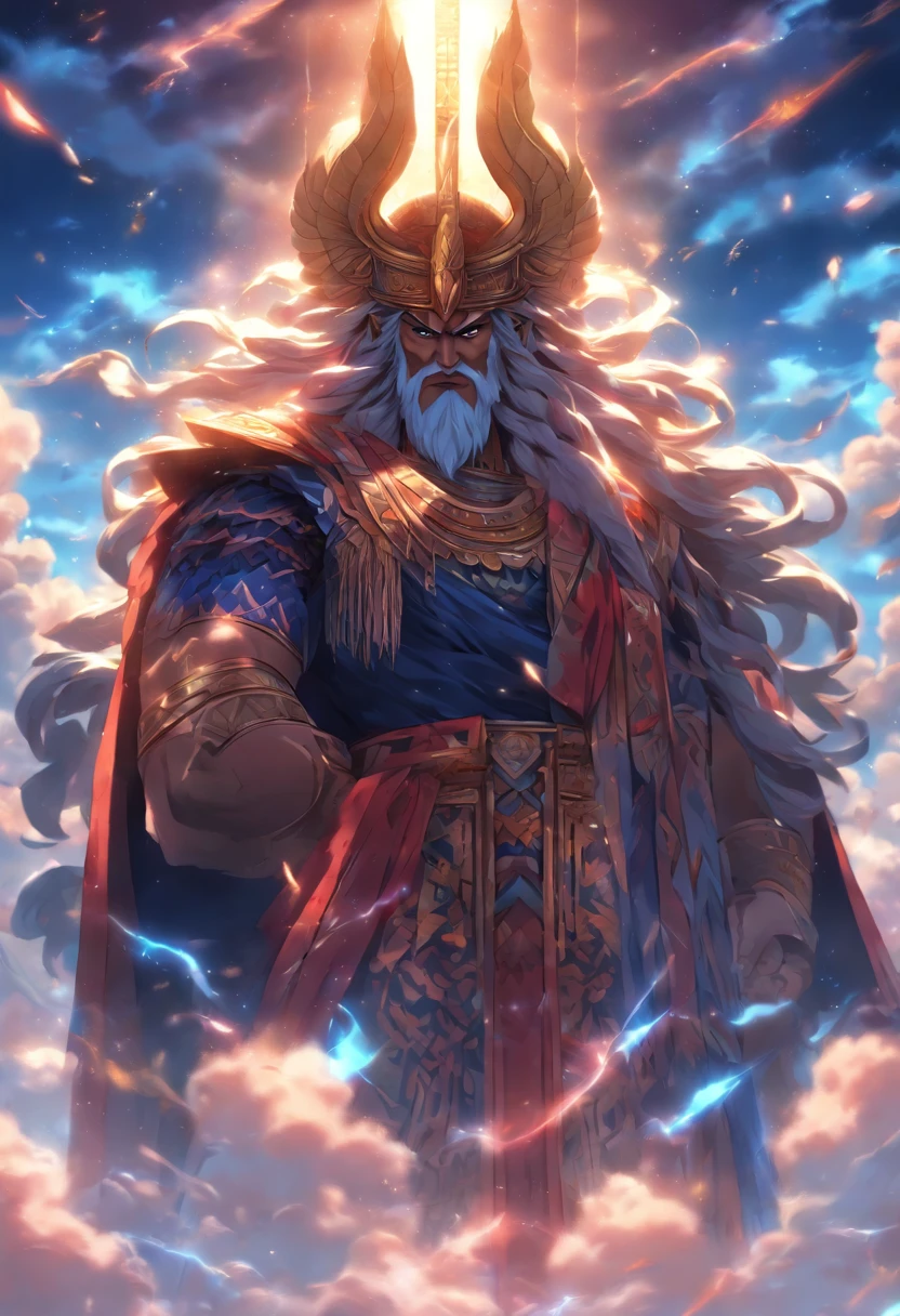 (((ANU))) best quality, ultra-high resolution, 4K detailed CG, masterpiece, Sumerian God,God of the Sky,clouds, Sumerian clothing, Sumerian mythology, ((standing pose)), Sumerian image , aesthetic, screen-centric, full body