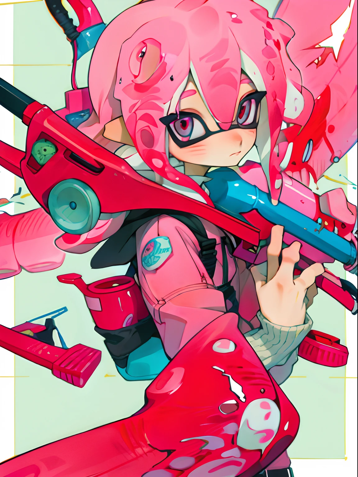 Pink hair anime girl, with splatoon style, Humanoid pink squid girl， High-quality fanart, Best anime 4k konachan wallpaper, Best Rated on pixiv, High Quality Anime Art Style, Pixiv style