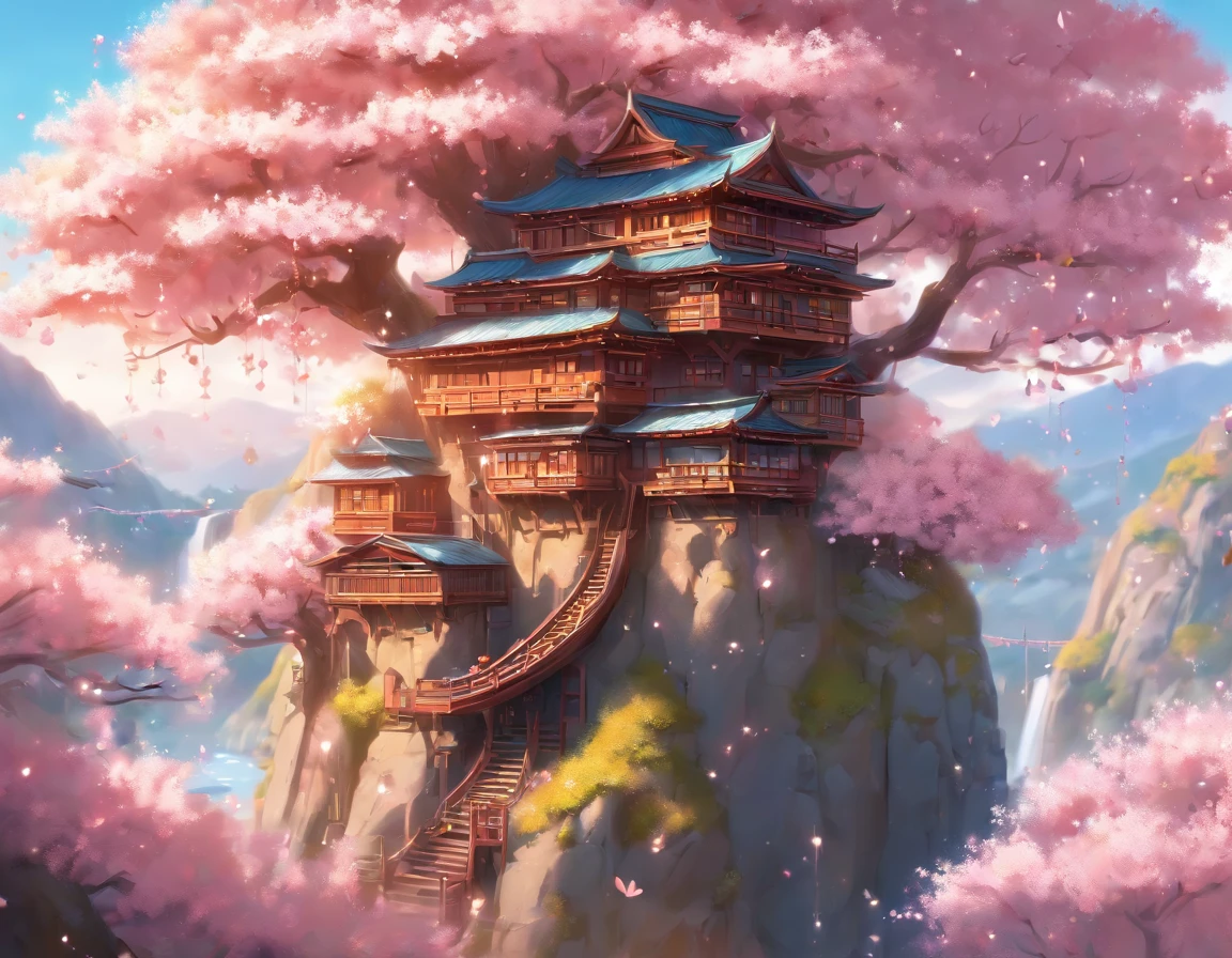 THE CHERRY BLOSSOM TREE HOUSE :: beautiful ornate treehouse in a gigantic pink cherry blossom tree :: on a high blue grey and brown cliff with light snow and pink cherry blossom trees :: Roger Deakins and Moebius and Alphonse Much and Guweiz :: Intricate details, very realistic, cinematic lighting, volumetric lighting, photographic, –ar 9:20 –no blur bokeh defocus dof –s 4000