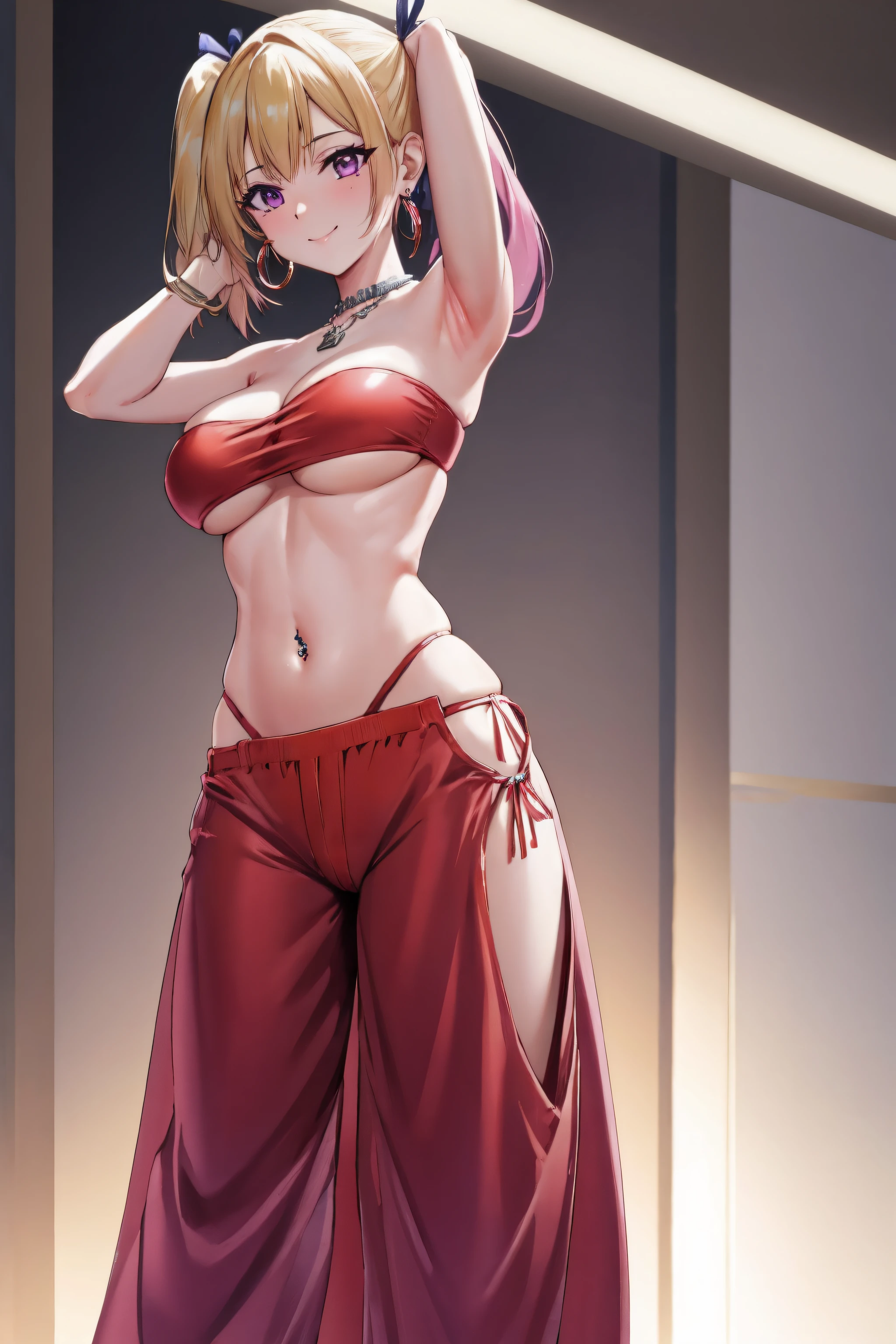 crotchless pants, 1girl, mai kawakami, blonde hair, hair ribbon, long hair, mole, mole under eye, ribbon, side ponytail, (purple eyes:1.2), , red_bra,o-ring top,strapless,underboob, jewelry, harem pants, armpits, , looking at viewer, arm up, choker, earrings, blurry background, navel, piercing, navel piercing, blurry, bracer,smile, standing, see-through,  arm behind head,  hoop earrings, collarbone, cleft of venus, , necklace, closed mouth, red pants, vambraces, indoors, stomach, red panties, armlet, arabian clothes, depth of field, dancer,NSFW,official art,extremely detailed CG unity 8k wallpaper, perfect lighting,Colorful, Bright_Front_face_Lighting, (masterpiece:1.0),(best_quality:1.0), ultra high res,4K,ultra-detailed, photography, 8K, HDR, highres, absurdres:1.2, Kodak portra 400, film grain, blurry background, bokeh:1.2, lens flare, (vibrant_color:1.2) (Beautiful,large_Breasts:1.4), (beautiful_face:1.5),(narrow_waist),(perfect hands, perfect anatomy)