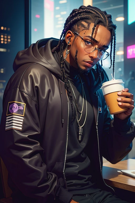 best quality, anime, 1 guy, looking like travis scott, brown braided hair, in black outfit, black hoodie, white skin, brown eyes, no beard, futuristic, cyberpunk theme, purple light, lightly chubby face, drinking coffee, wearing rounded glasses, no ear ring