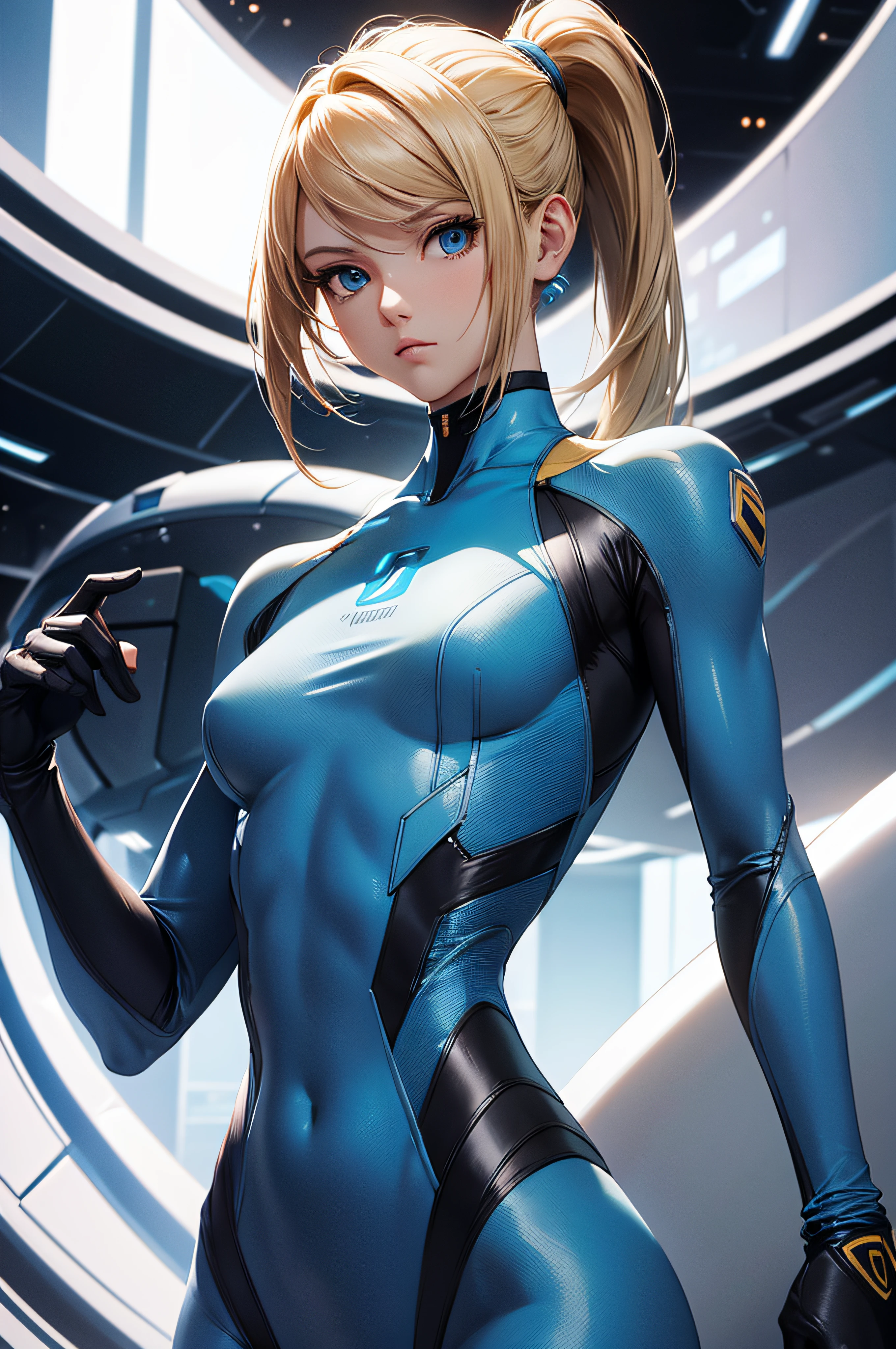 masterpiece, very detailed, samus aran, zero suit, on a spaceship, mature (30 years old), perfect body, blue eyes, full body suit, no zippers, ponytail, upper body, portrait, close up, waist up, from waist up, transparent clothes,