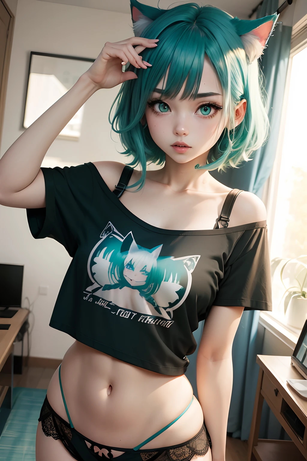 catgirl, teal-green hair, teal eyes, sexy, cute, midriff, tummy, oversized t shirt, lace and panty