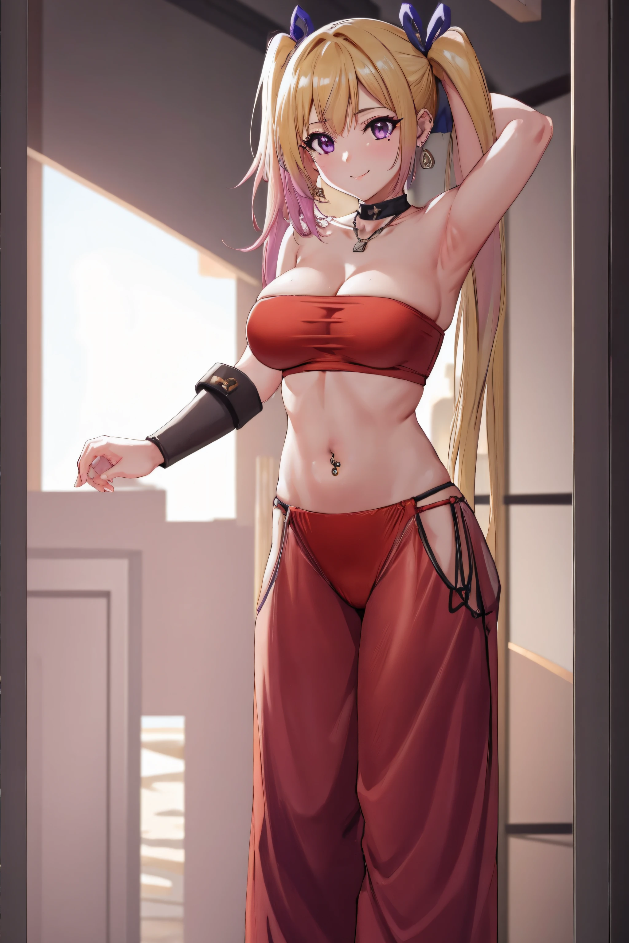 crotchless pants, 1girl, mai kawakami, blonde hair, hair ribbon, long hair, mole, mole under eye, ribbon, side ponytail, (purple eyes:1.2), , red_bra,o-ring top,strapless,underboob, jewelry, harem pants, armpits, , looking at viewer, arm up, choker, earrings, blurry background, navel, piercing, navel piercing, blurry, bracer,smile, standing, see-through,  arm behind head,  hoop earrings, collarbone, cleft of venus, , necklace, closed mouth, red pants, vambraces, indoors, stomach, red panties, armlet, arabian clothes, depth of field, dancer,NSFW,official art,extremely detailed CG unity 8k wallpaper, perfect lighting,Colorful, Bright_Front_face_Lighting, (masterpiece:1.0),(best_quality:1.0), ultra high res,4K,ultra-detailed, photography, 8K, HDR, highres, absurdres:1.2, Kodak portra 400, film grain, blurry background, bokeh:1.2, lens flare, (vibrant_color:1.2) (Beautiful,large_Breasts:1.4), (beautiful_face:1.5),(narrow_waist),(perfect hands, perfect anatomy)